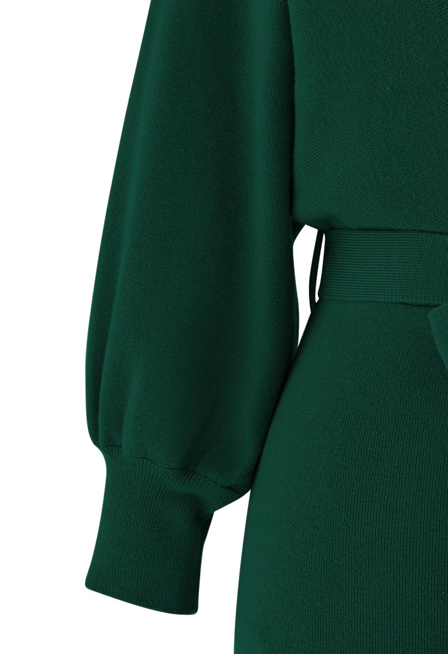 Tie Bow Two-Tone Knit Wrap Midi Dress in Dark Green