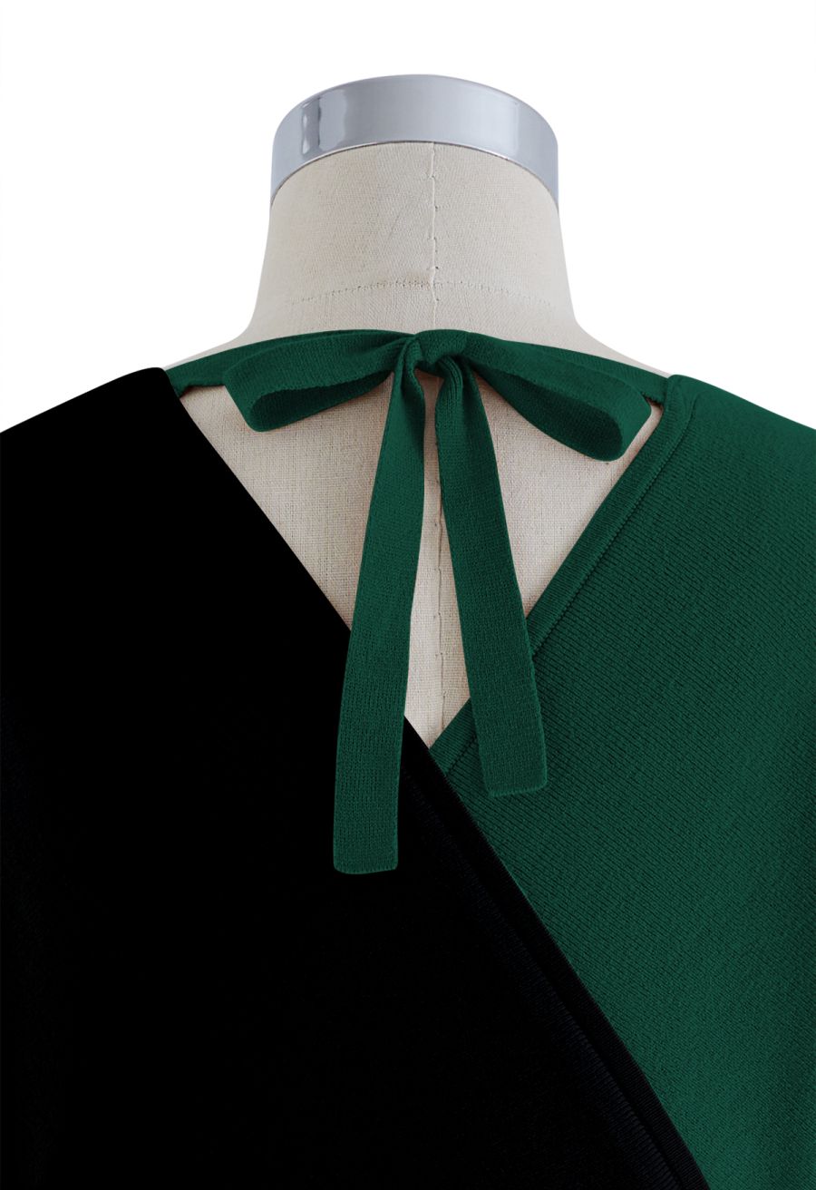 Tie Bow Two-Tone Knit Wrap Midi Dress in Dark Green