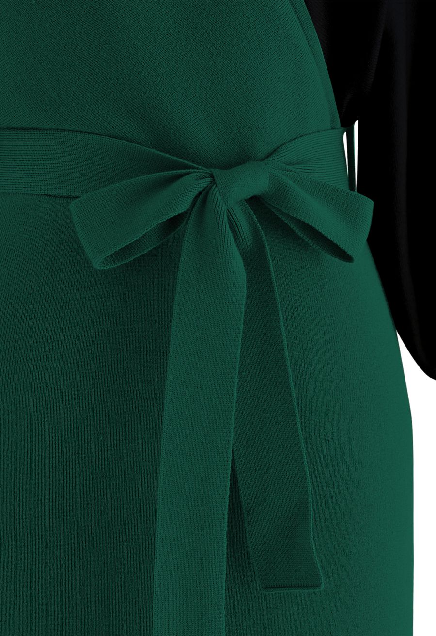 Tie Bow Two-Tone Knit Wrap Midi Dress in Dark Green