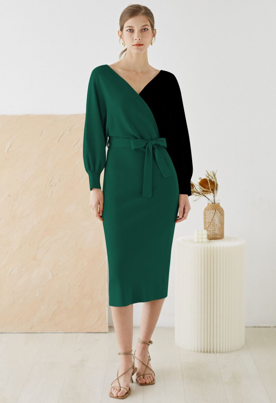 Tie Bow Two-Tone Knit Wrap Midi Dress in Dark Green