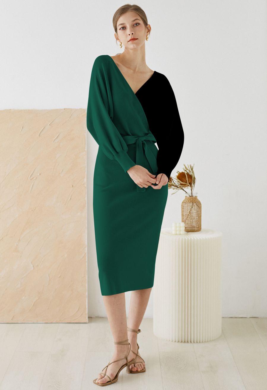 Tie Bow Two-Tone Knit Wrap Midi Dress in Dark Green