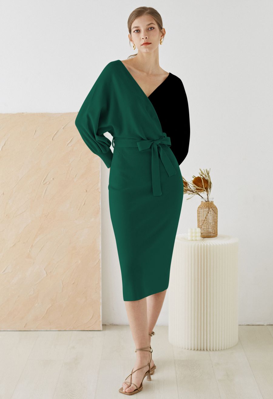 Tie Bow Two-Tone Knit Wrap Midi Dress in Dark Green