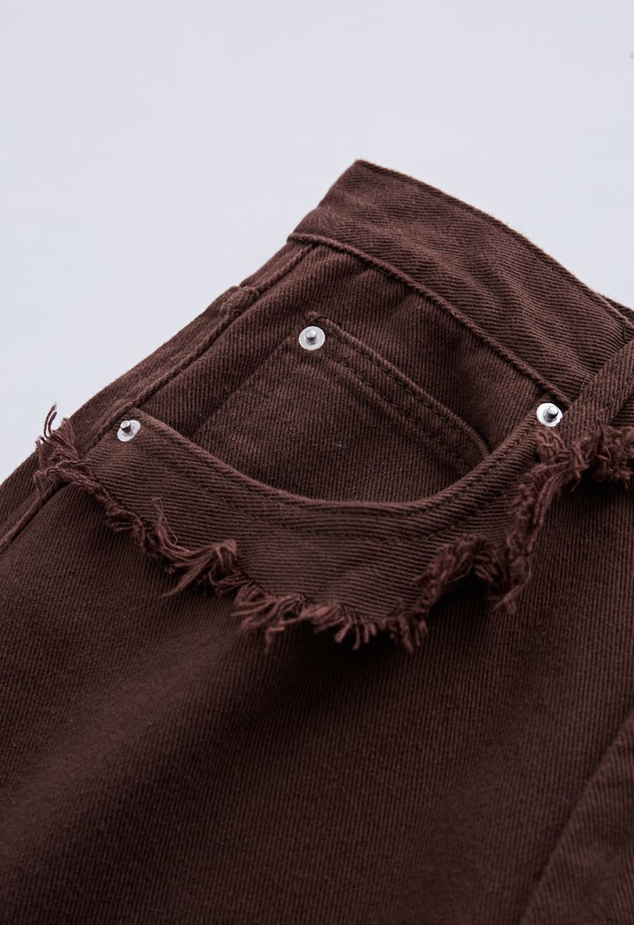 Classic Pocket Frayed Detail Flare Jeans in Brown