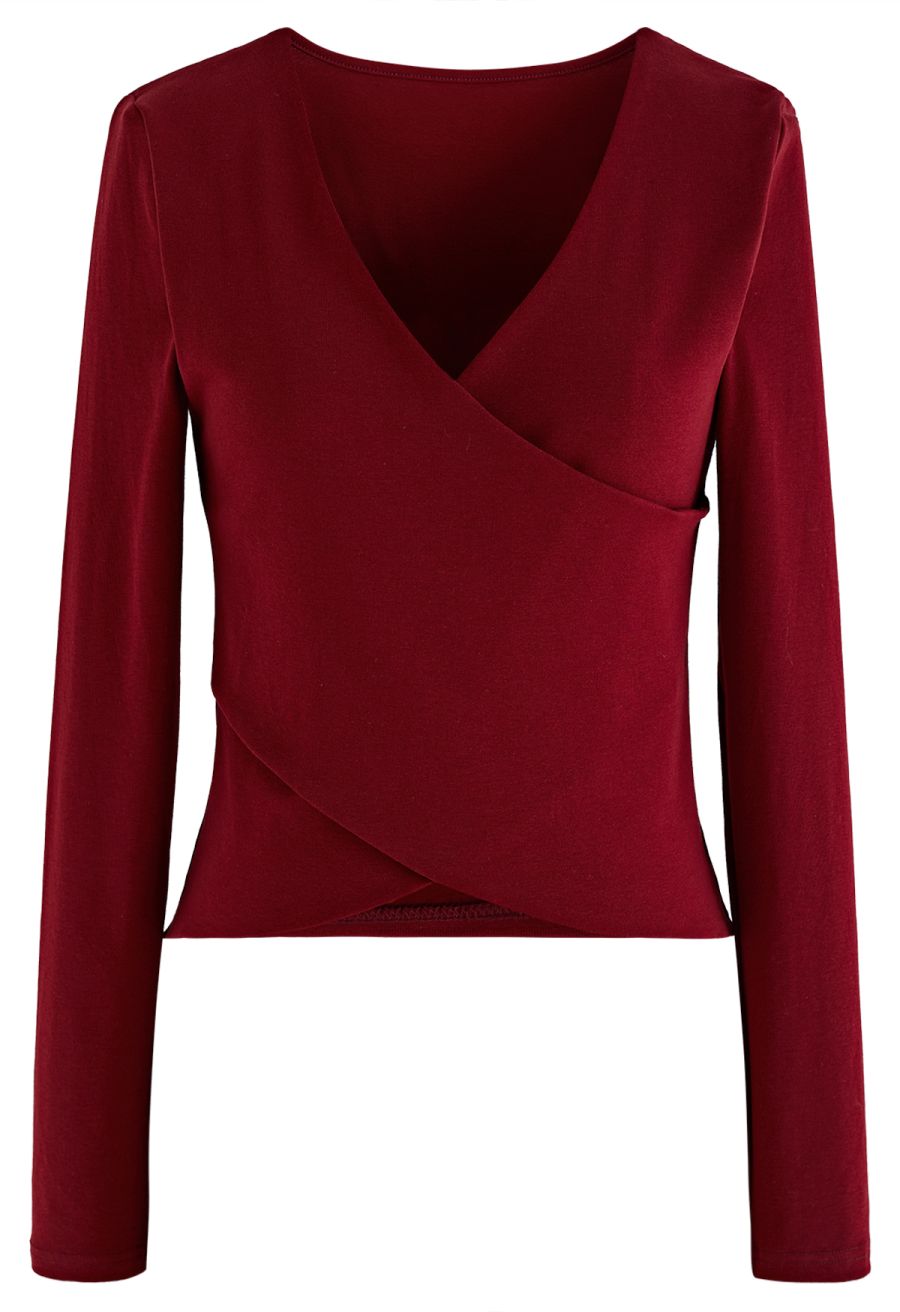 Crisscross Faux-Wrap Soft Cotton Top in Red