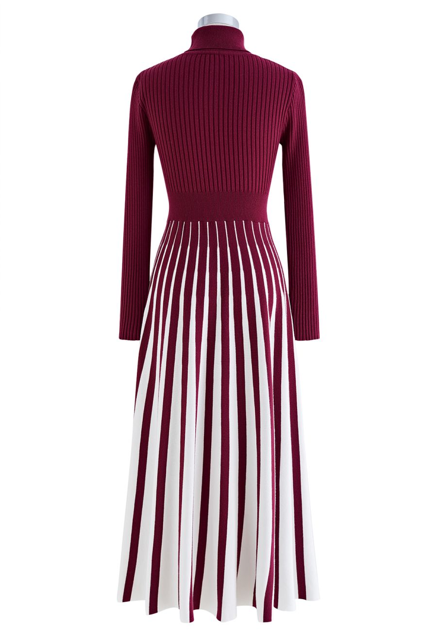 Stripe Print Turtleneck Knit Midi Dress in Burgundy