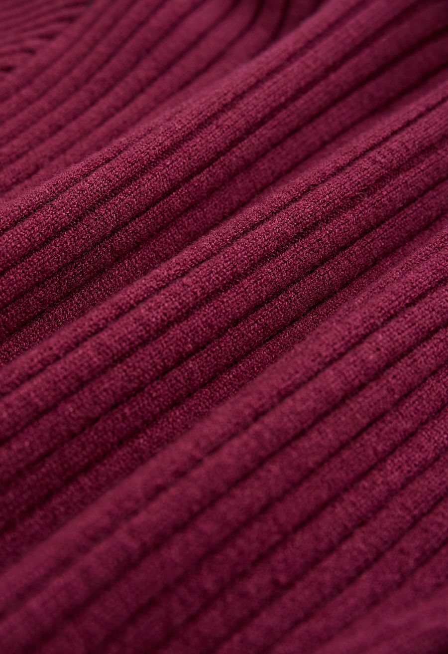 Stripe Print Turtleneck Knit Midi Dress in Burgundy