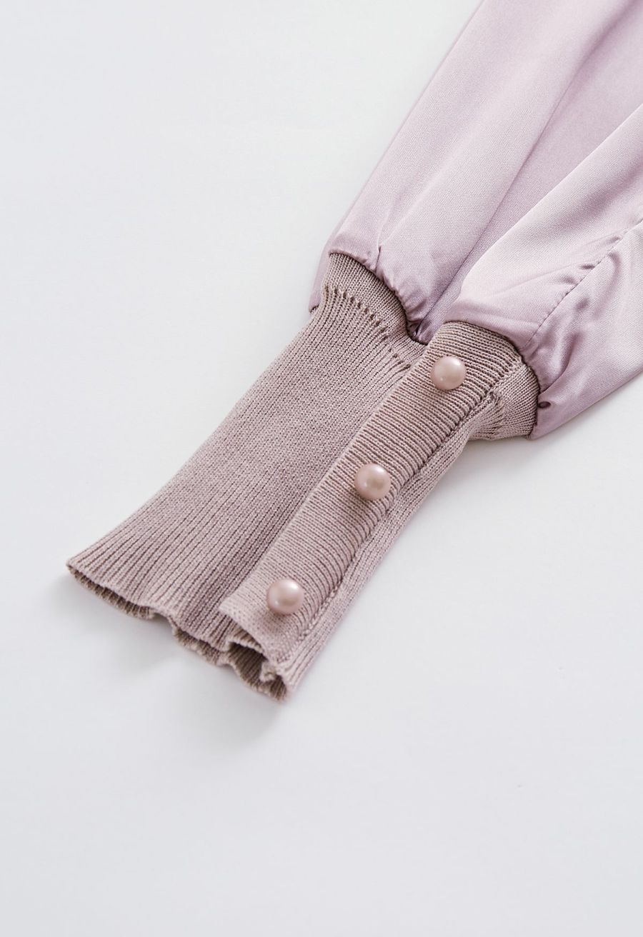 Mock Neck Satin Spliced Knit Top in Mauve