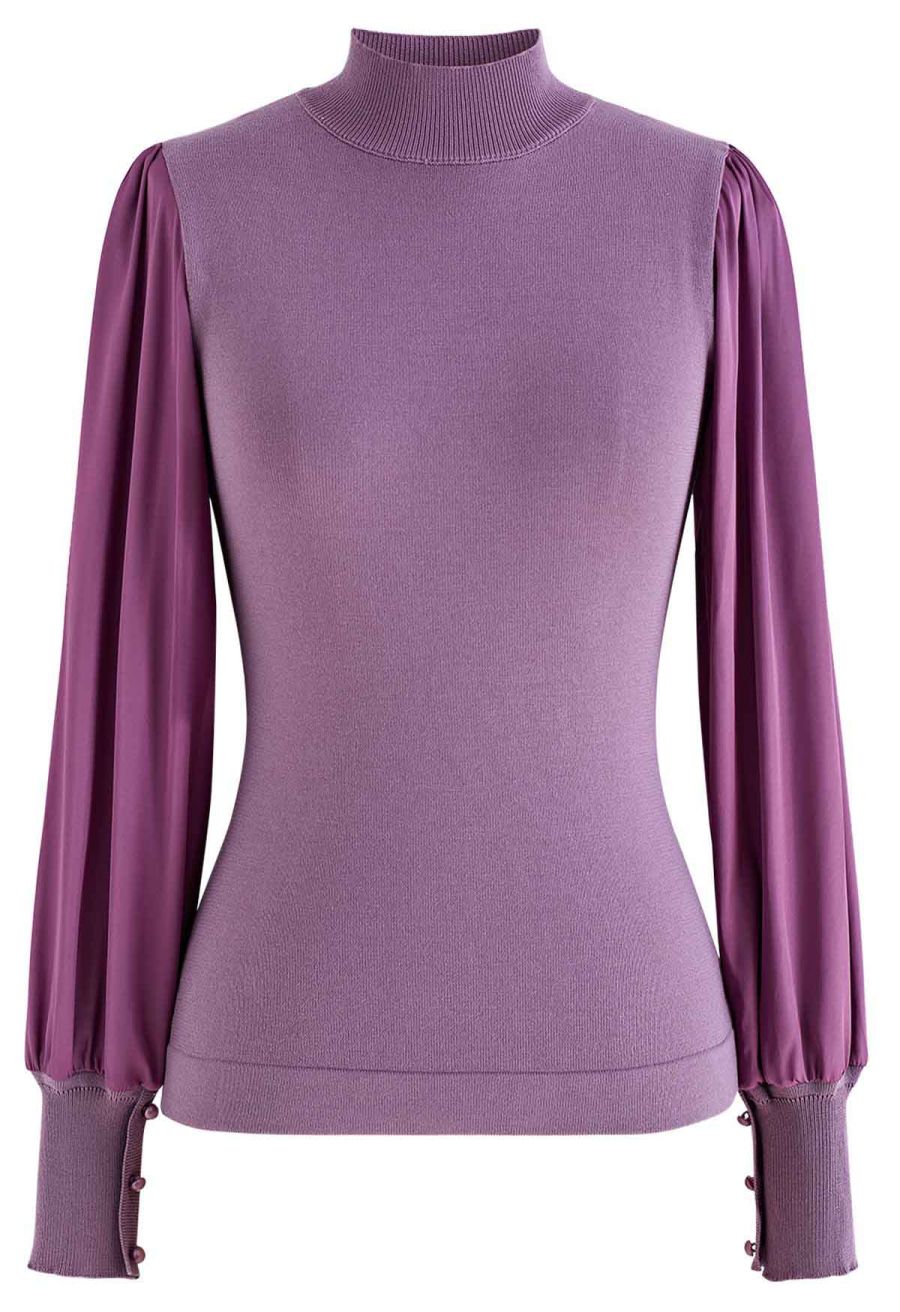 Mock Neck Satin Spliced Knit Top in Violet