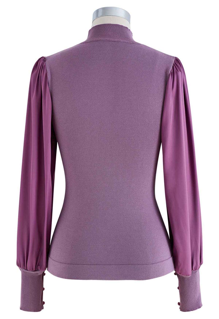 Mock Neck Satin Spliced Knit Top in Violet