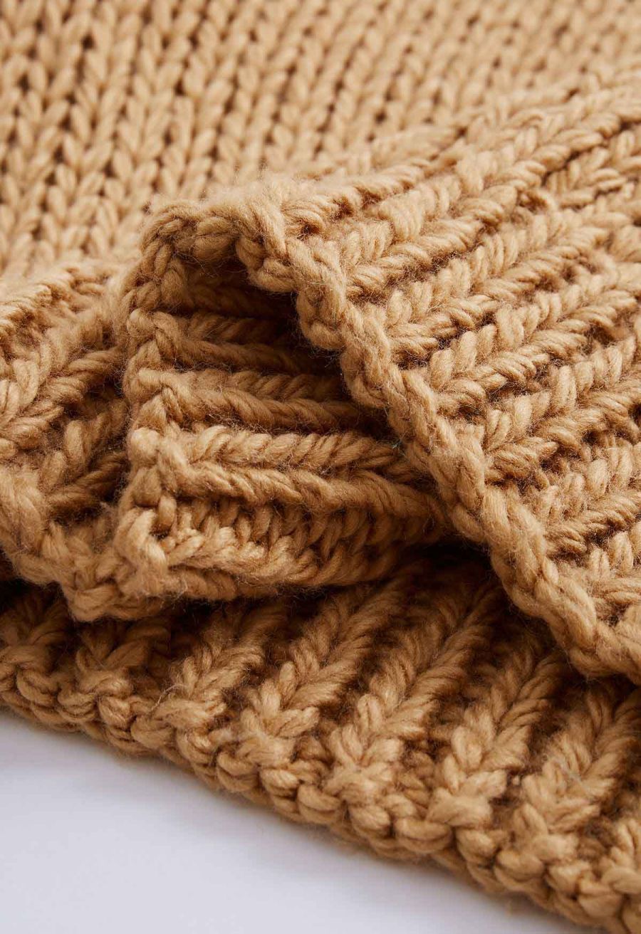 Pointelle Sleeve High Neck Hand-Knit Sweater in Tan