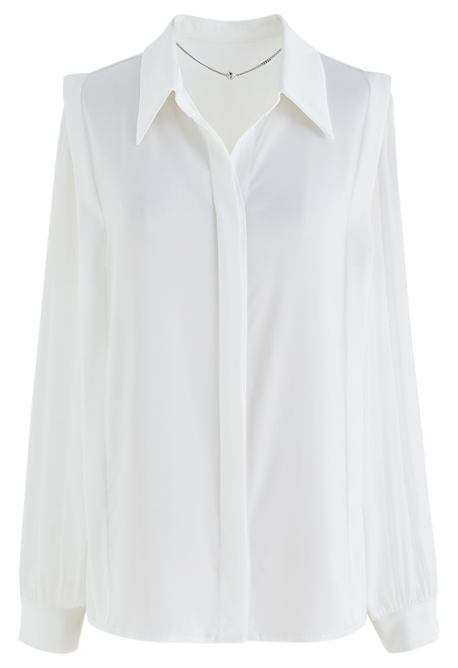 Heart Necklace V-Neck Satin Shirt in White
