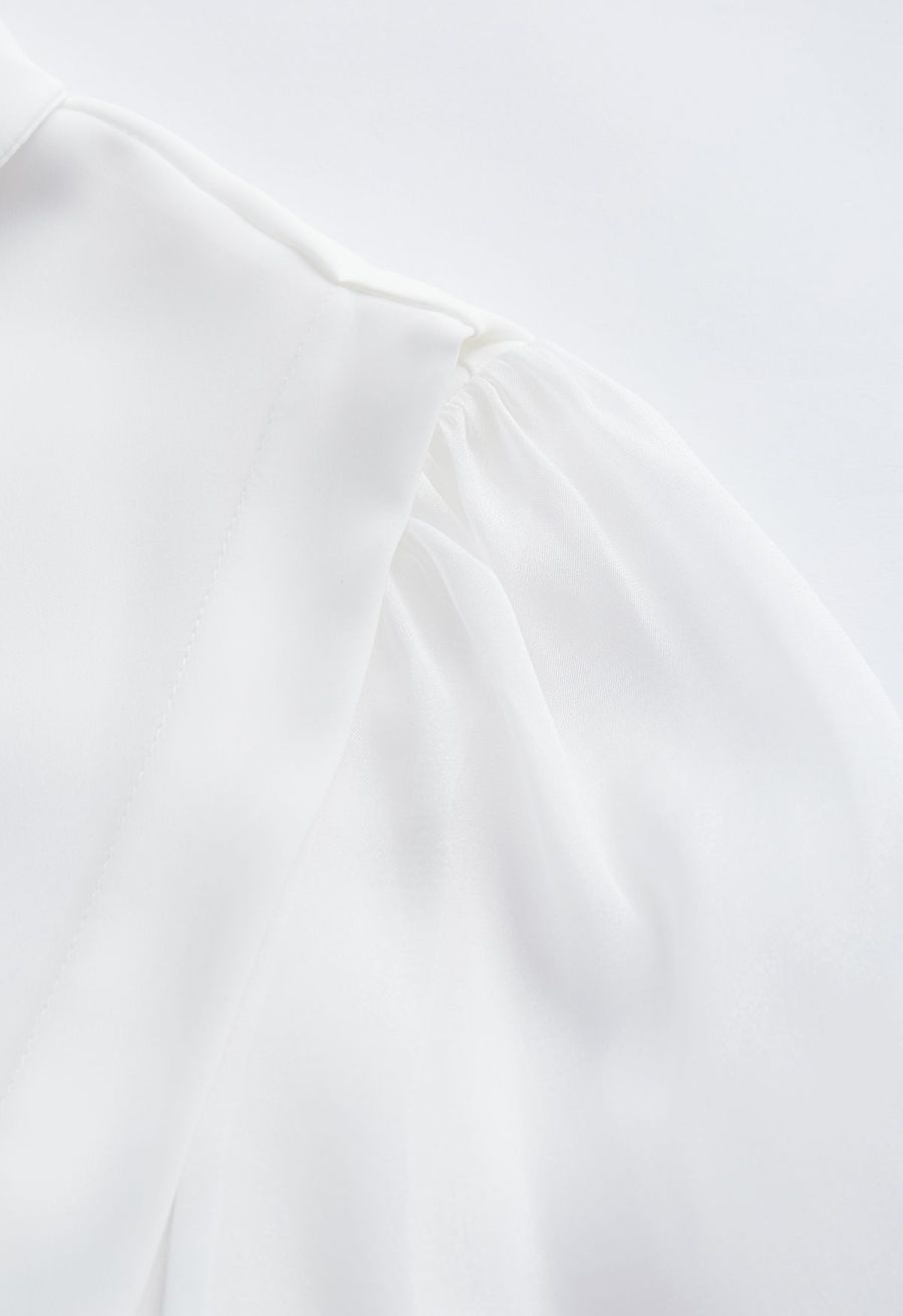 Heart Necklace V-Neck Satin Shirt in White