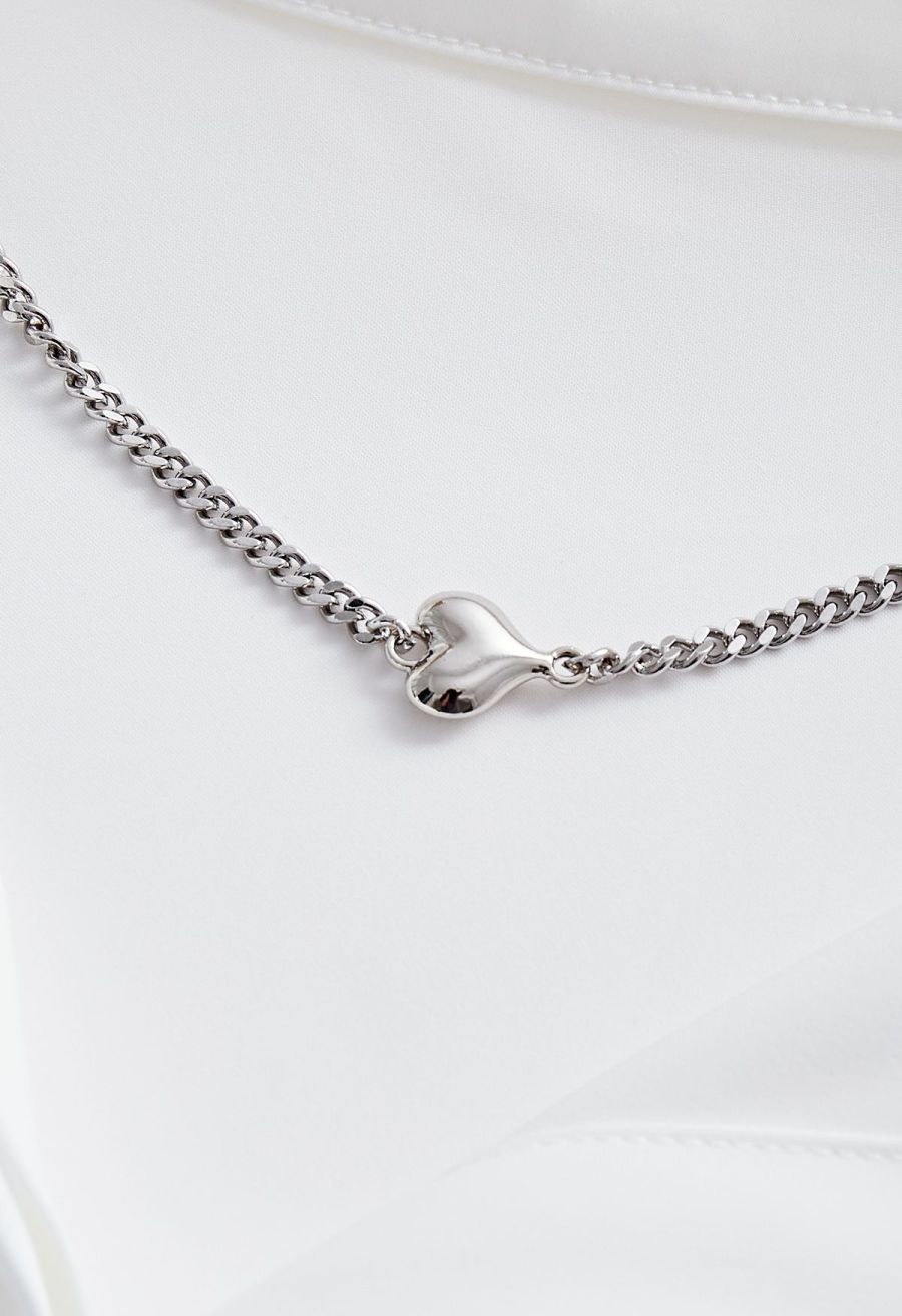 Heart Necklace V-Neck Satin Shirt in White