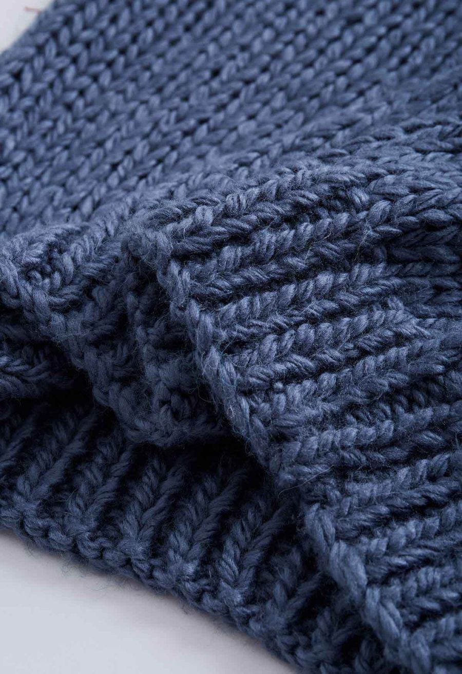 Pointelle Sleeve High Neck Hand-Knit Sweater in Dusty Blue