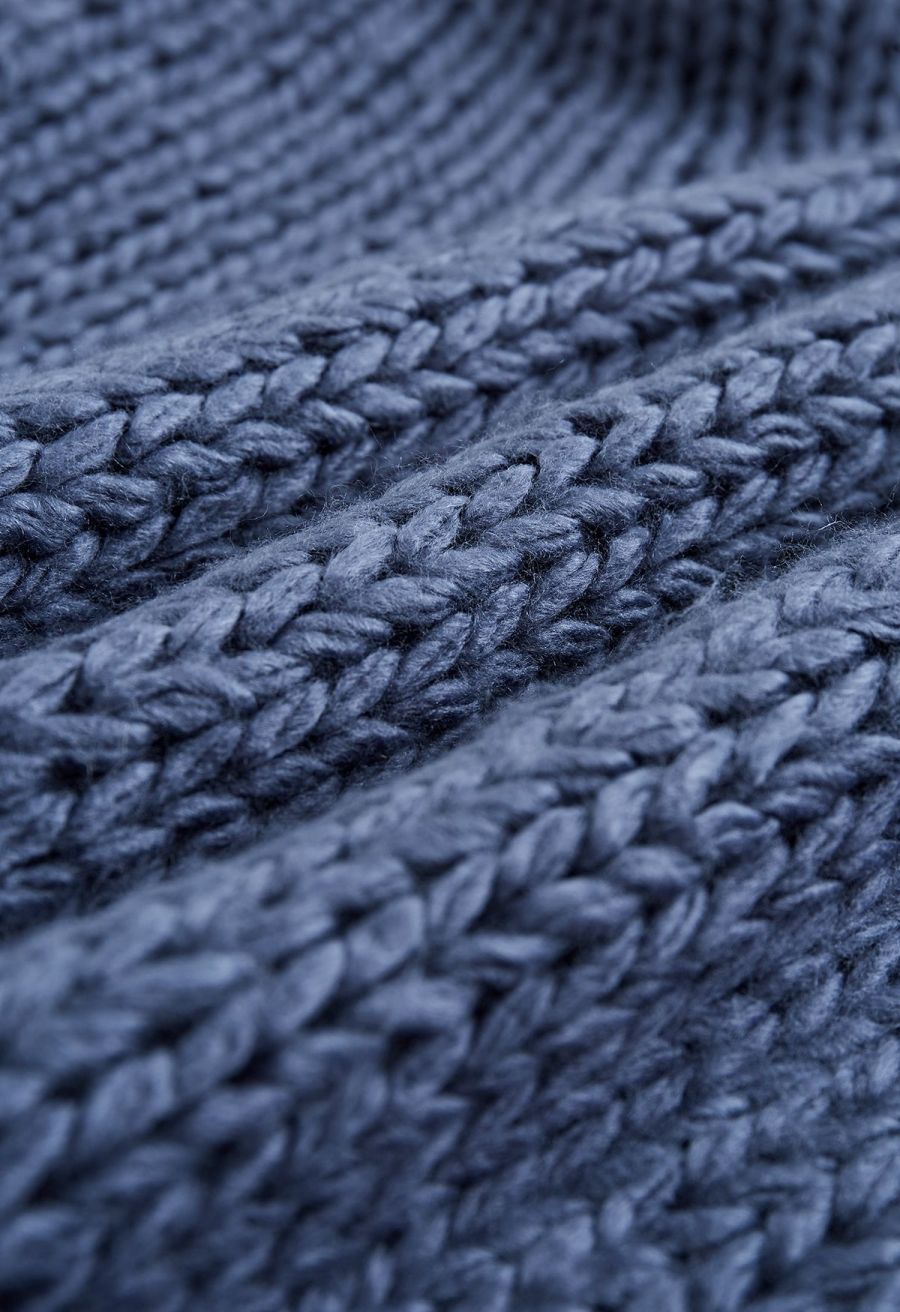 Pointelle Sleeve High Neck Hand-Knit Sweater in Dusty Blue