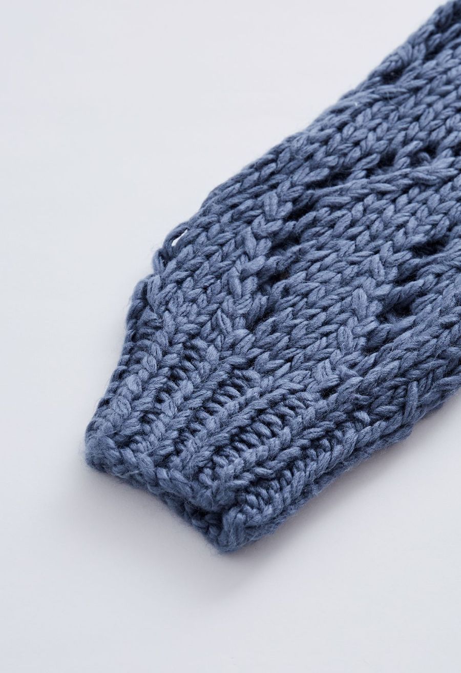 Pointelle Sleeve High Neck Hand-Knit Sweater in Dusty Blue