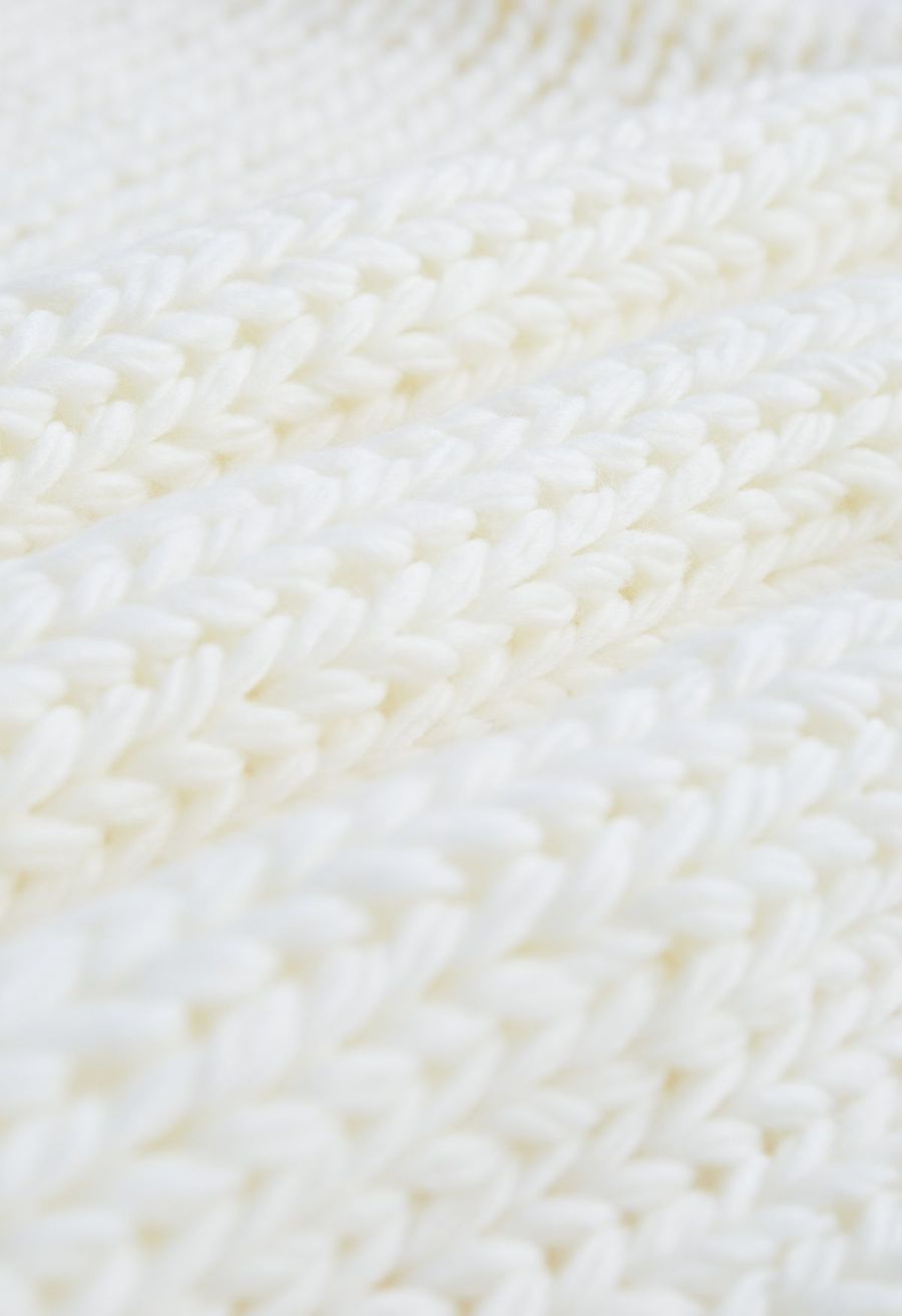 Pointelle Sleeve High Neck Hand-Knit Sweater in White