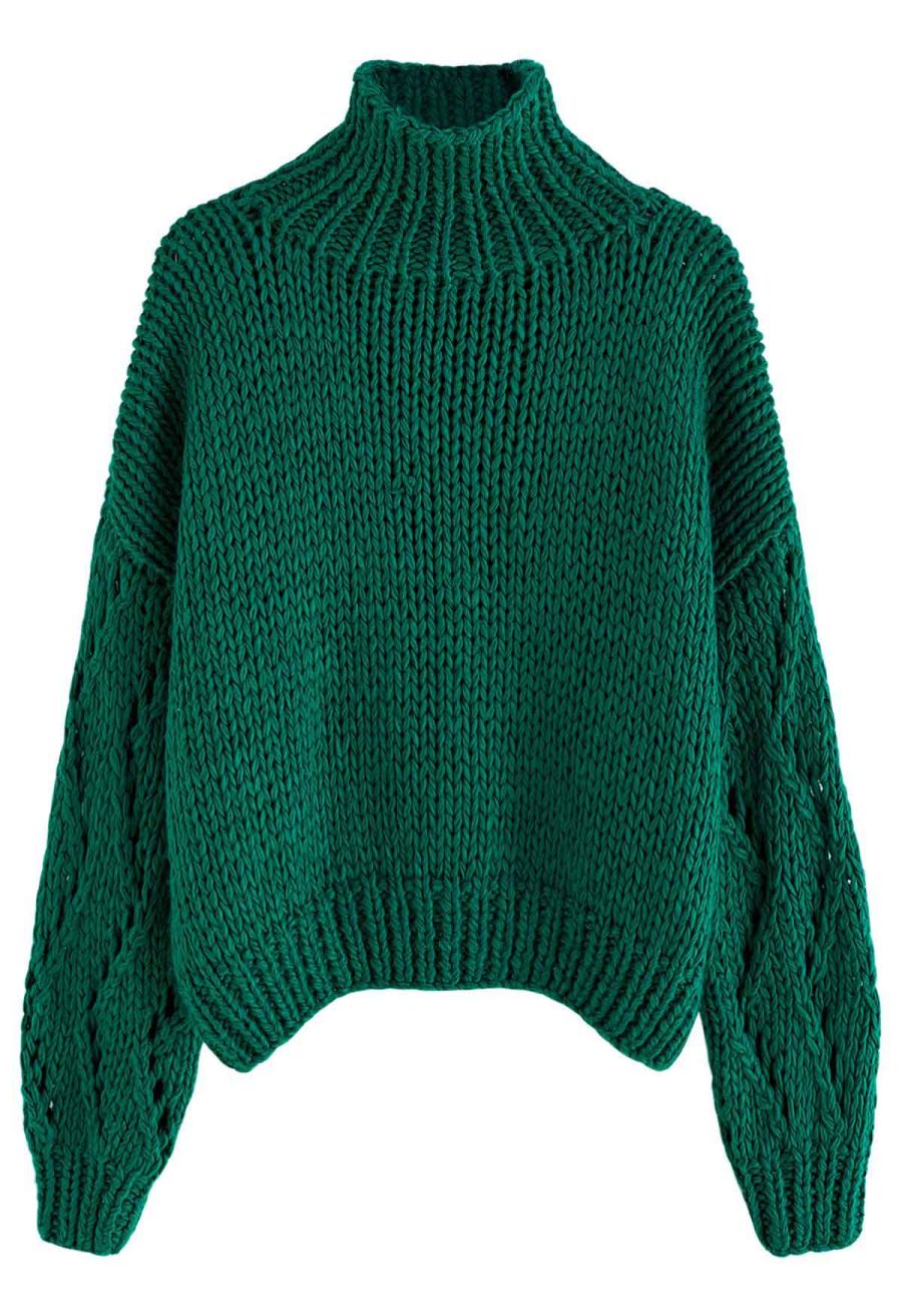 Pointelle Sleeve High Neck Hand-Knit Sweater in Green