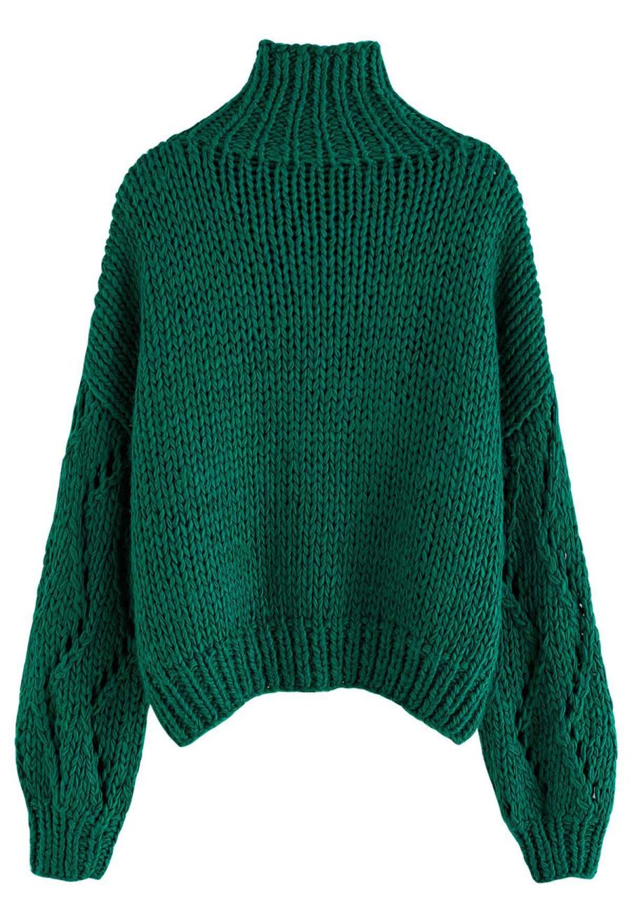 Pointelle Sleeve High Neck Hand-Knit Sweater in Green