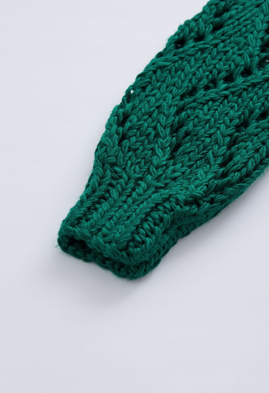 Pointelle Sleeve High Neck Hand-Knit Sweater in Green