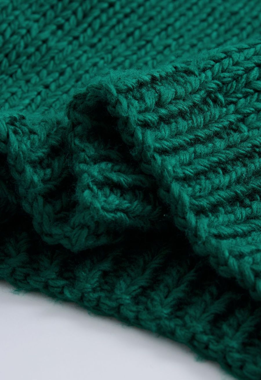 Pointelle Sleeve High Neck Hand-Knit Sweater in Green