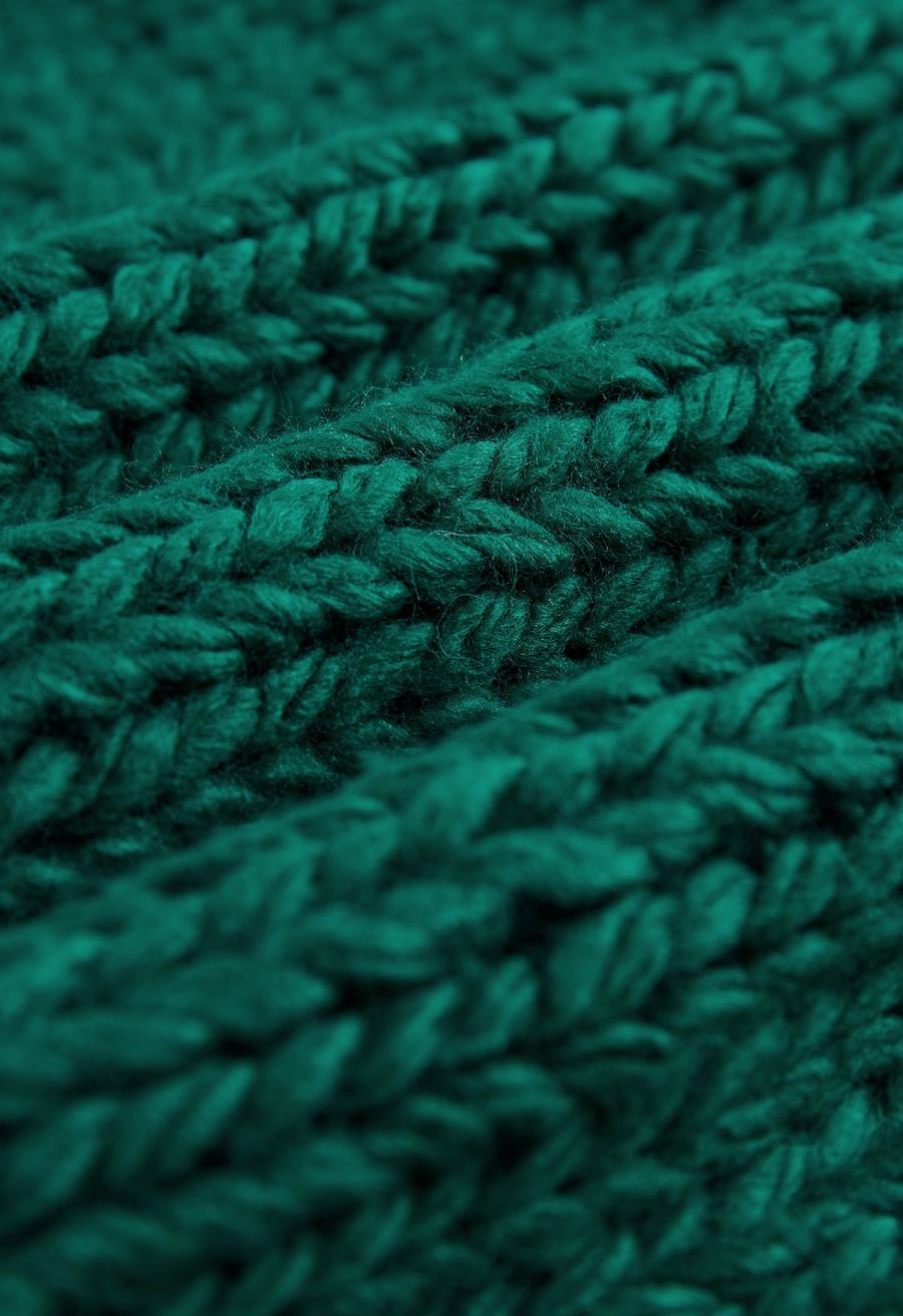 Pointelle Sleeve High Neck Hand-Knit Sweater in Green