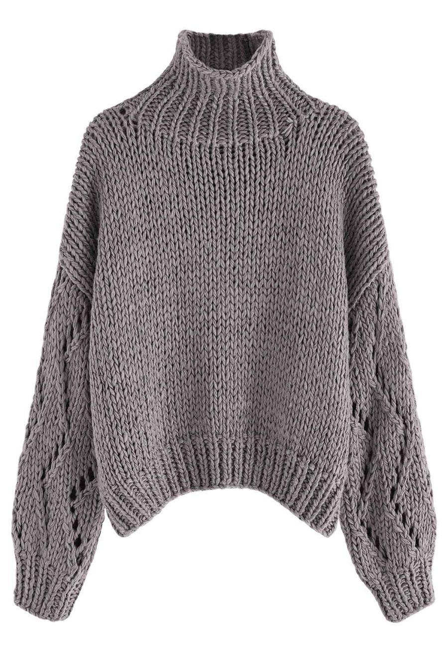 Pointelle Sleeve High Neck Hand-Knit Sweater in Dusty Purple