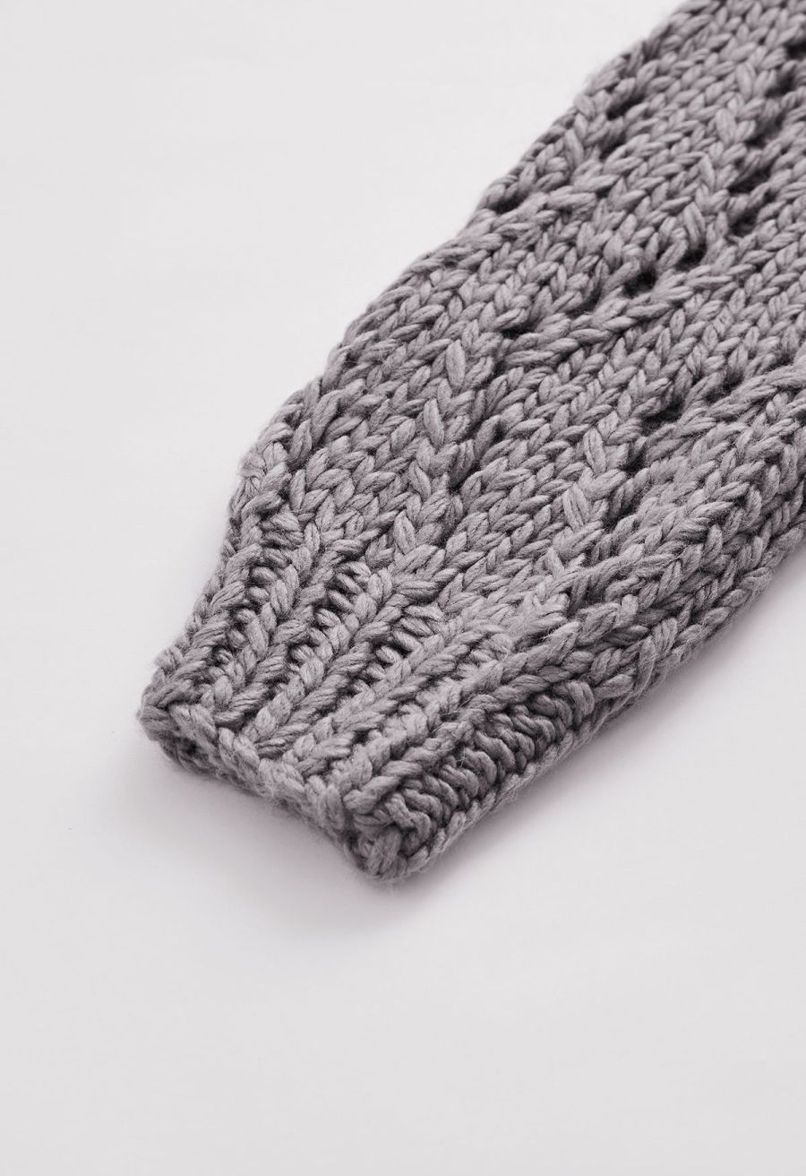 Pointelle Sleeve High Neck Hand-Knit Sweater in Dusty Purple