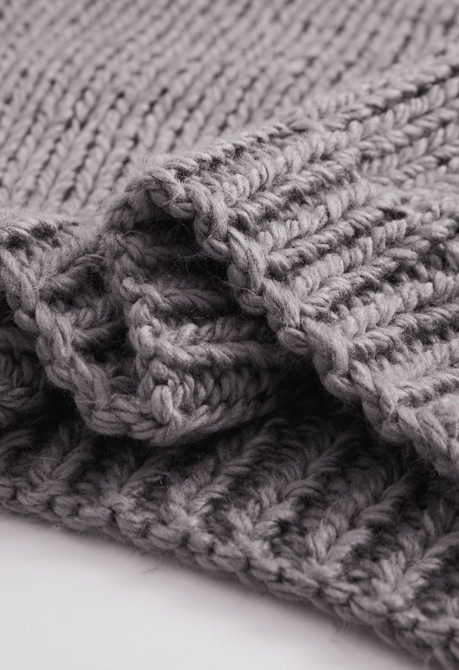 Pointelle Sleeve High Neck Hand-Knit Sweater in Dusty Purple
