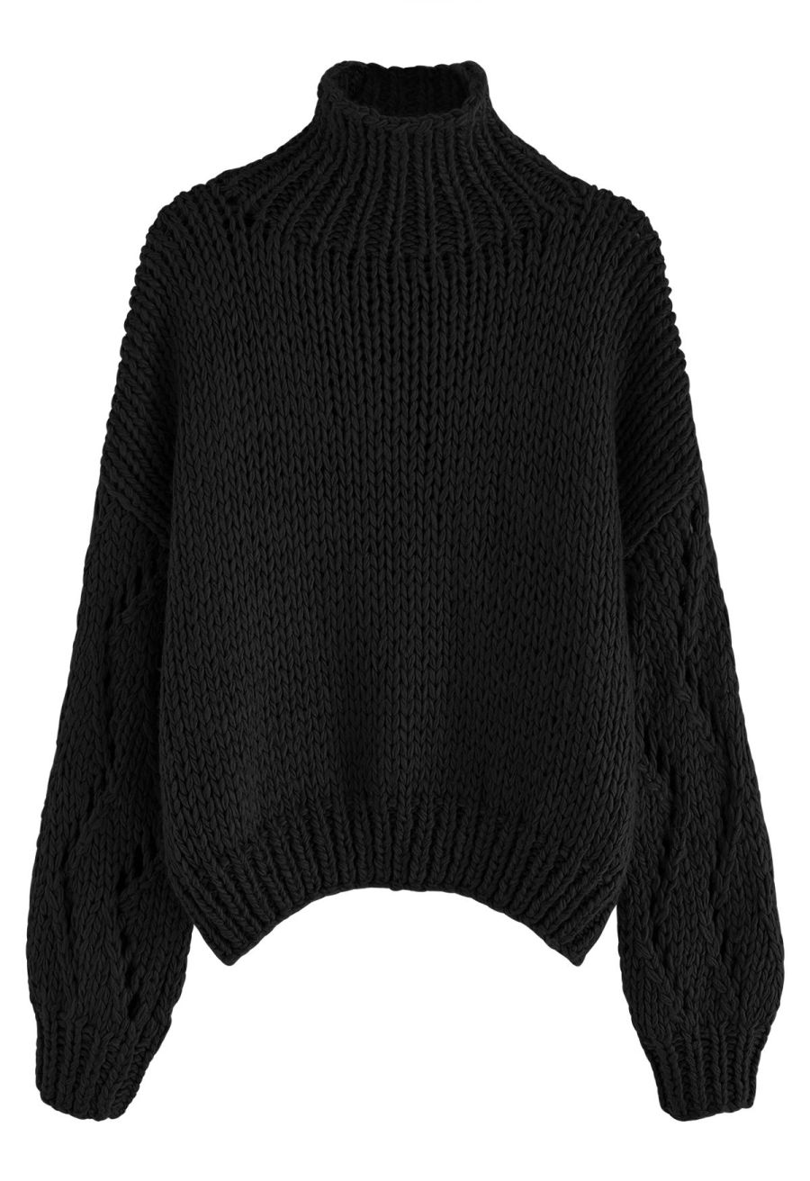 Pointelle Sleeve High Neck Hand-Knit Sweater in Black
