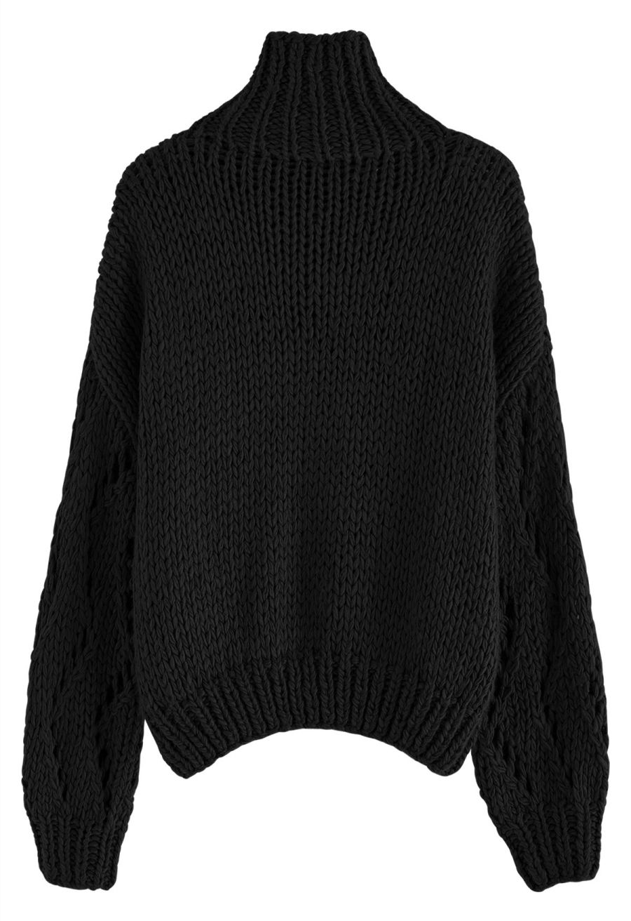 Pointelle Sleeve High Neck Hand-Knit Sweater in Black