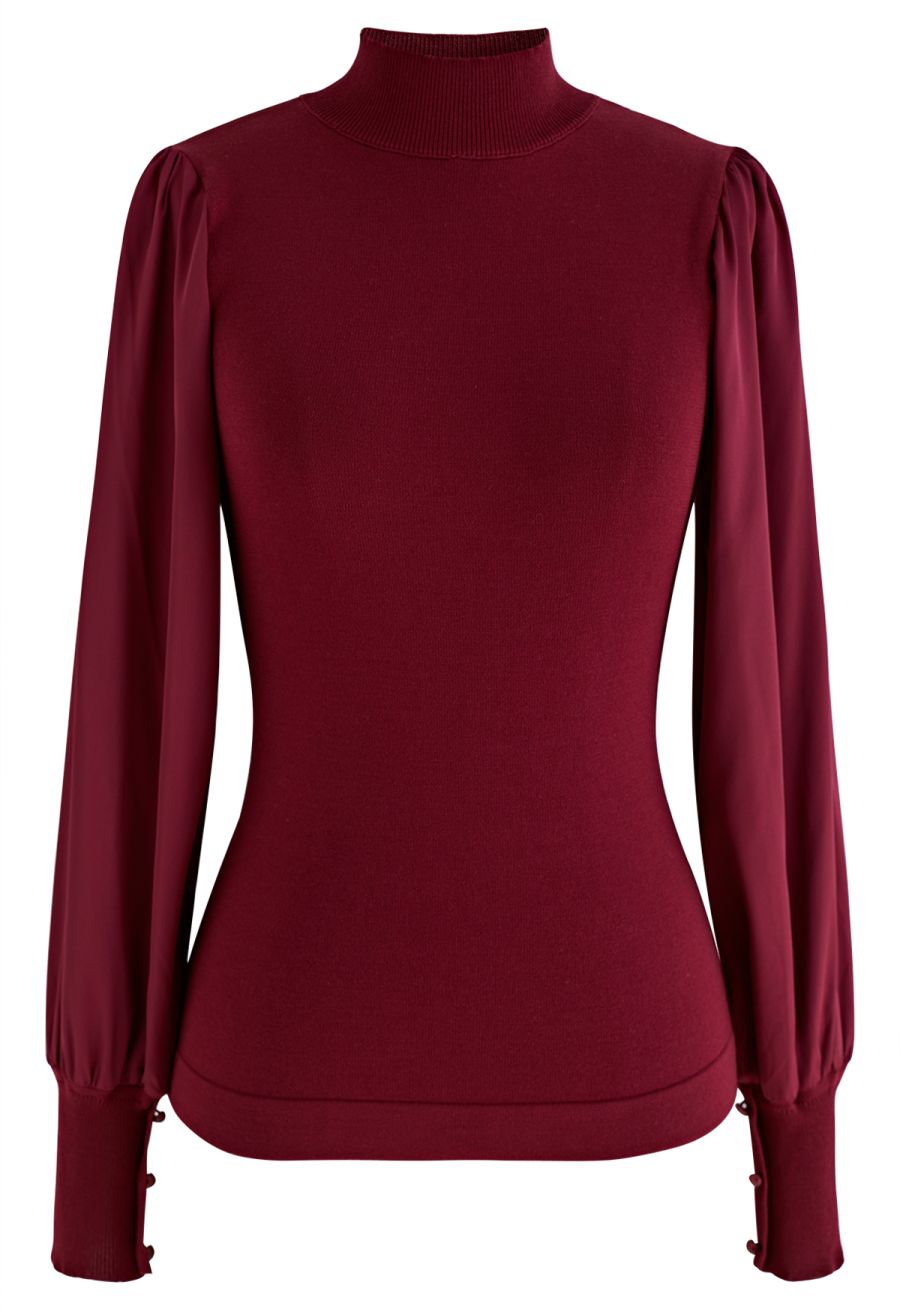 Mock Neck Satin Spliced Knit Top in Burgundy
