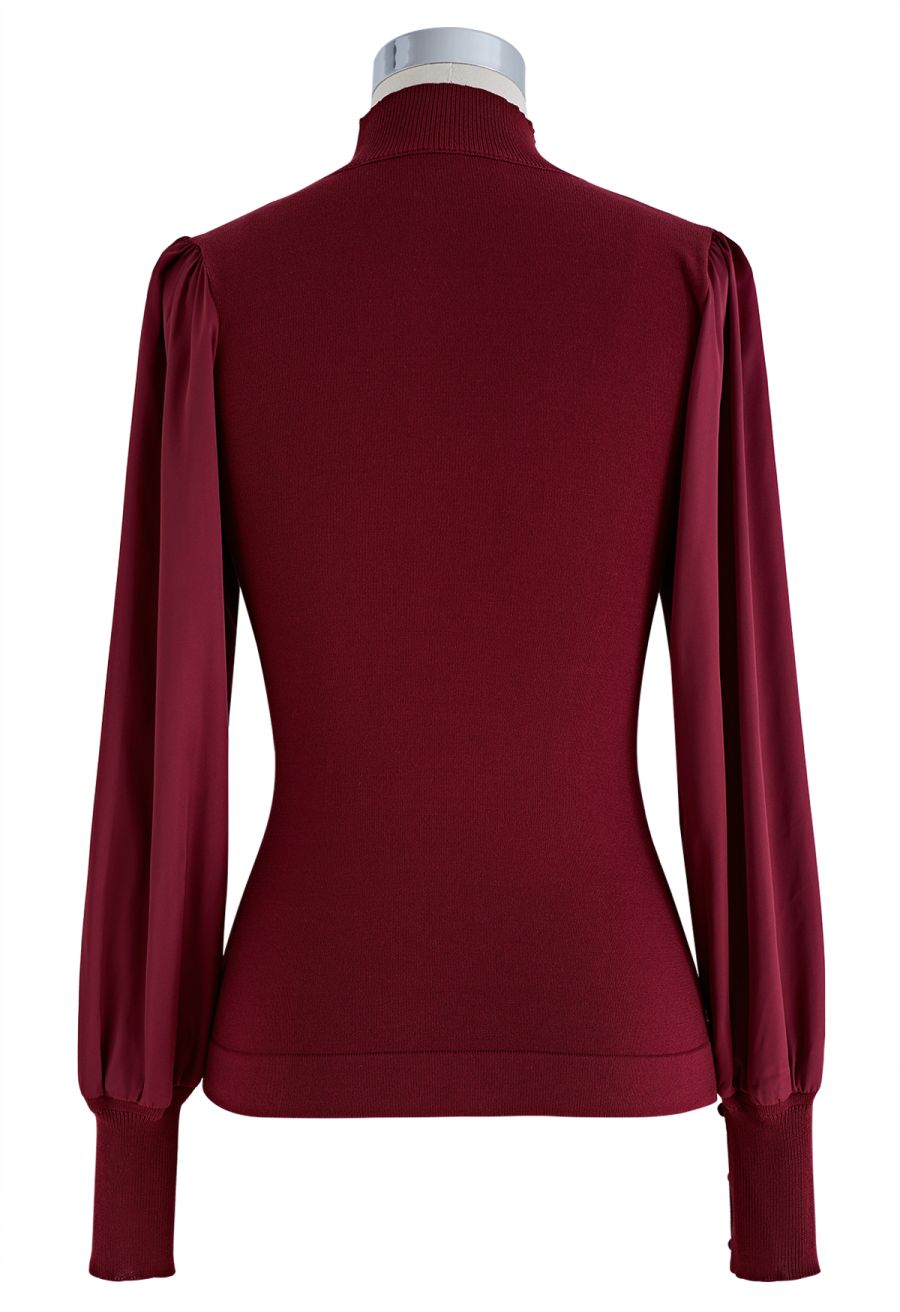 Mock Neck Satin Spliced Knit Top in Burgundy