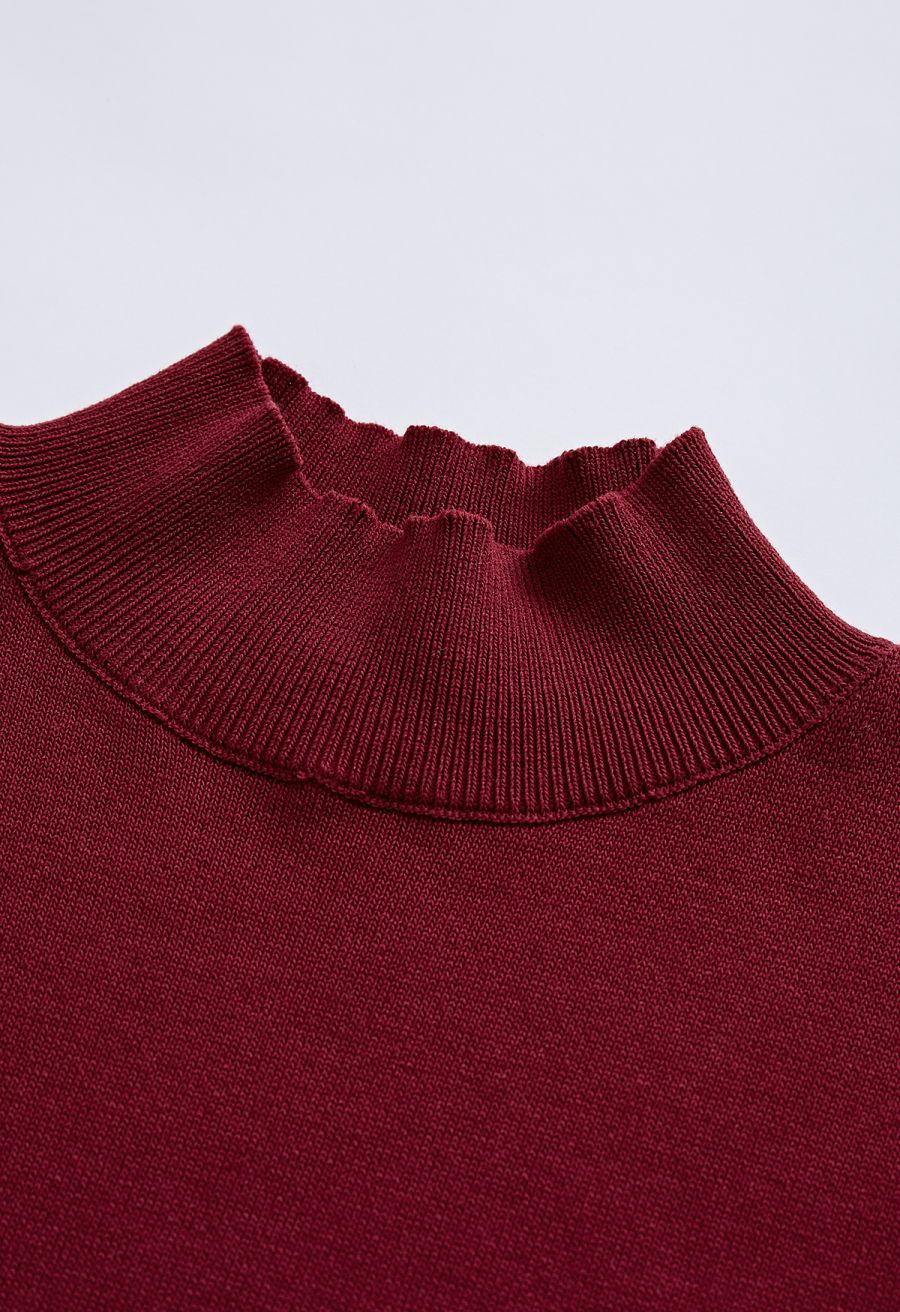 Mock Neck Satin Spliced Knit Top in Burgundy