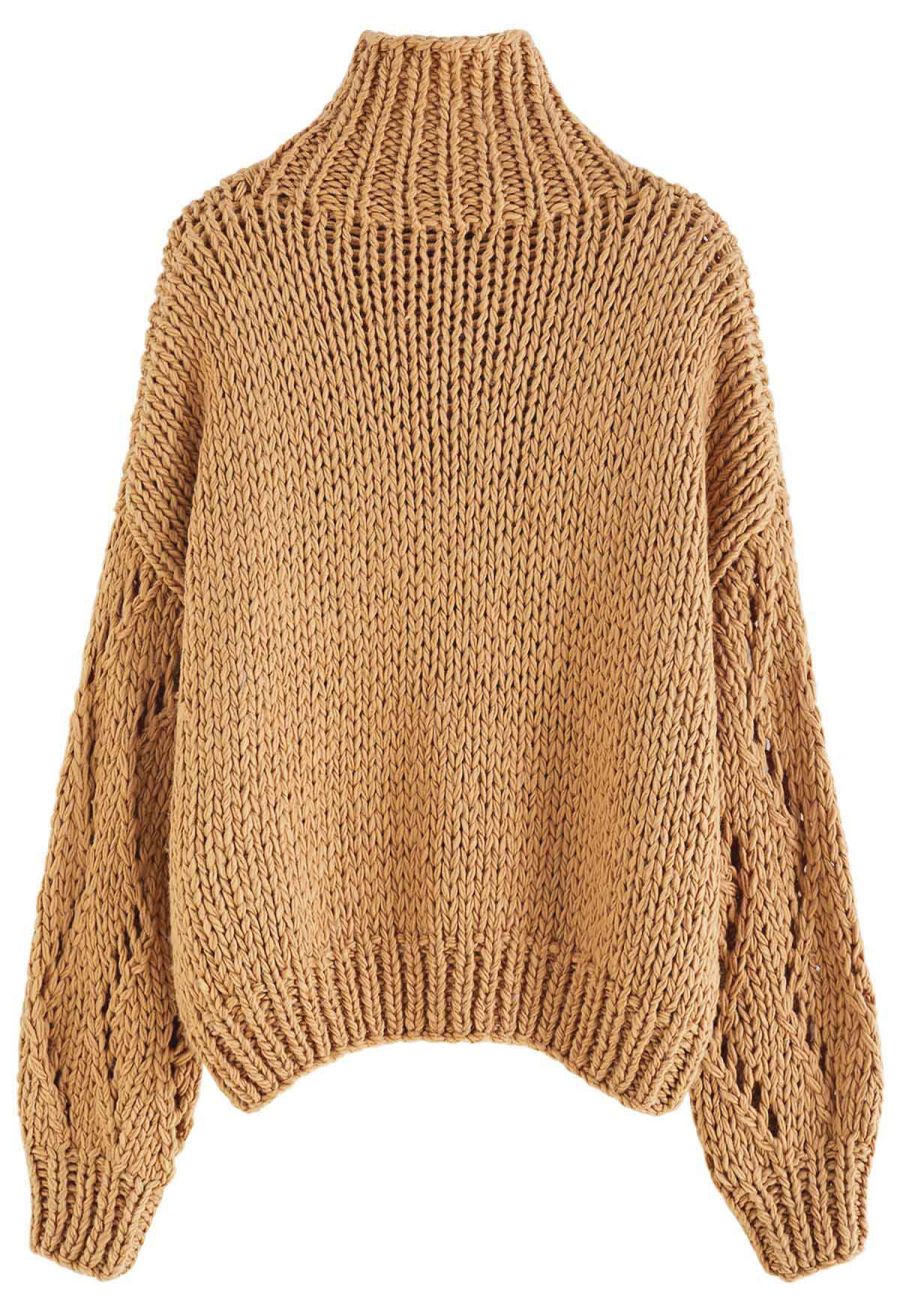 Pointelle Sleeve High Neck Hand-Knit Sweater in Tan