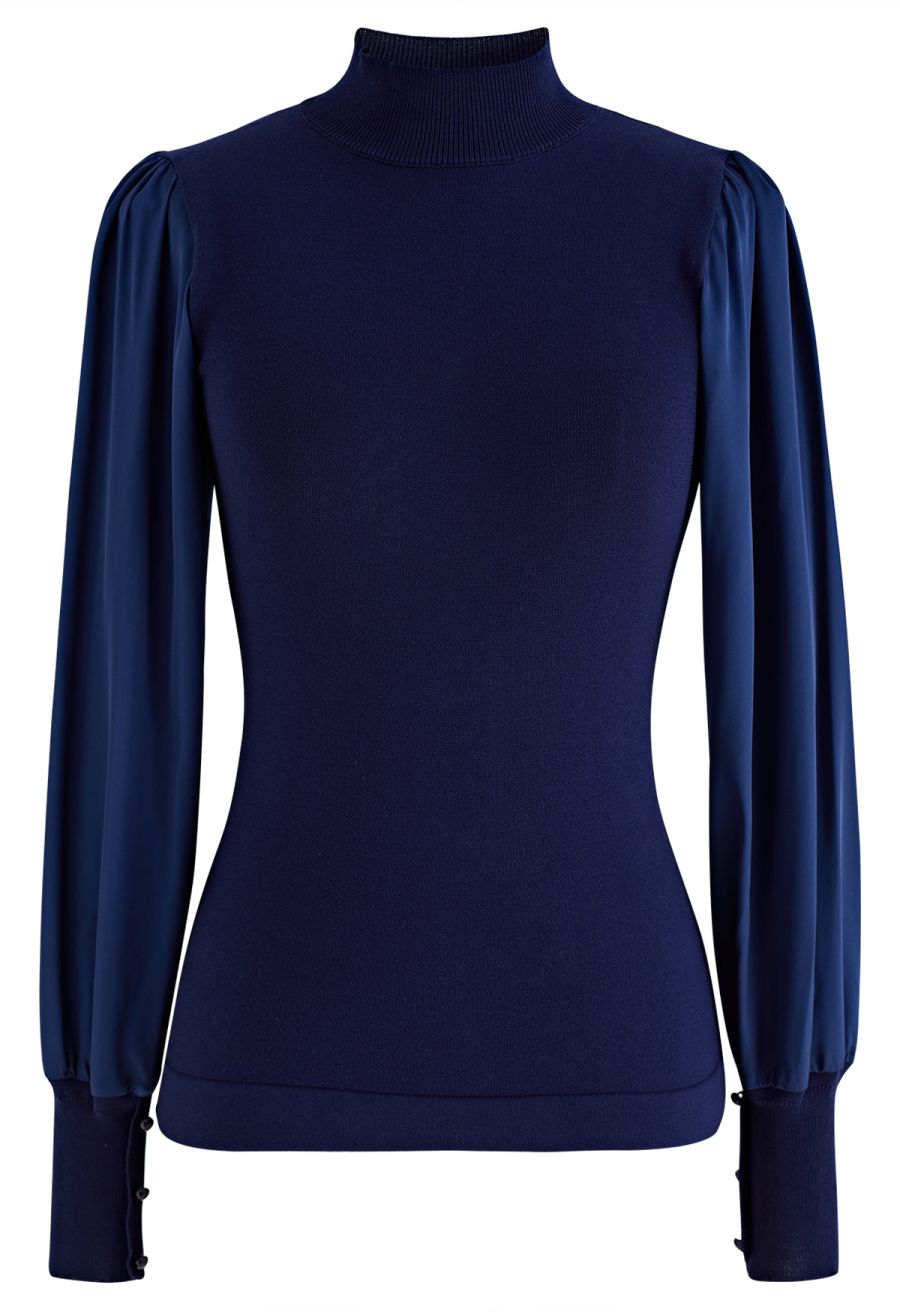 Mock Neck Satin Spliced Knit Top in Navy