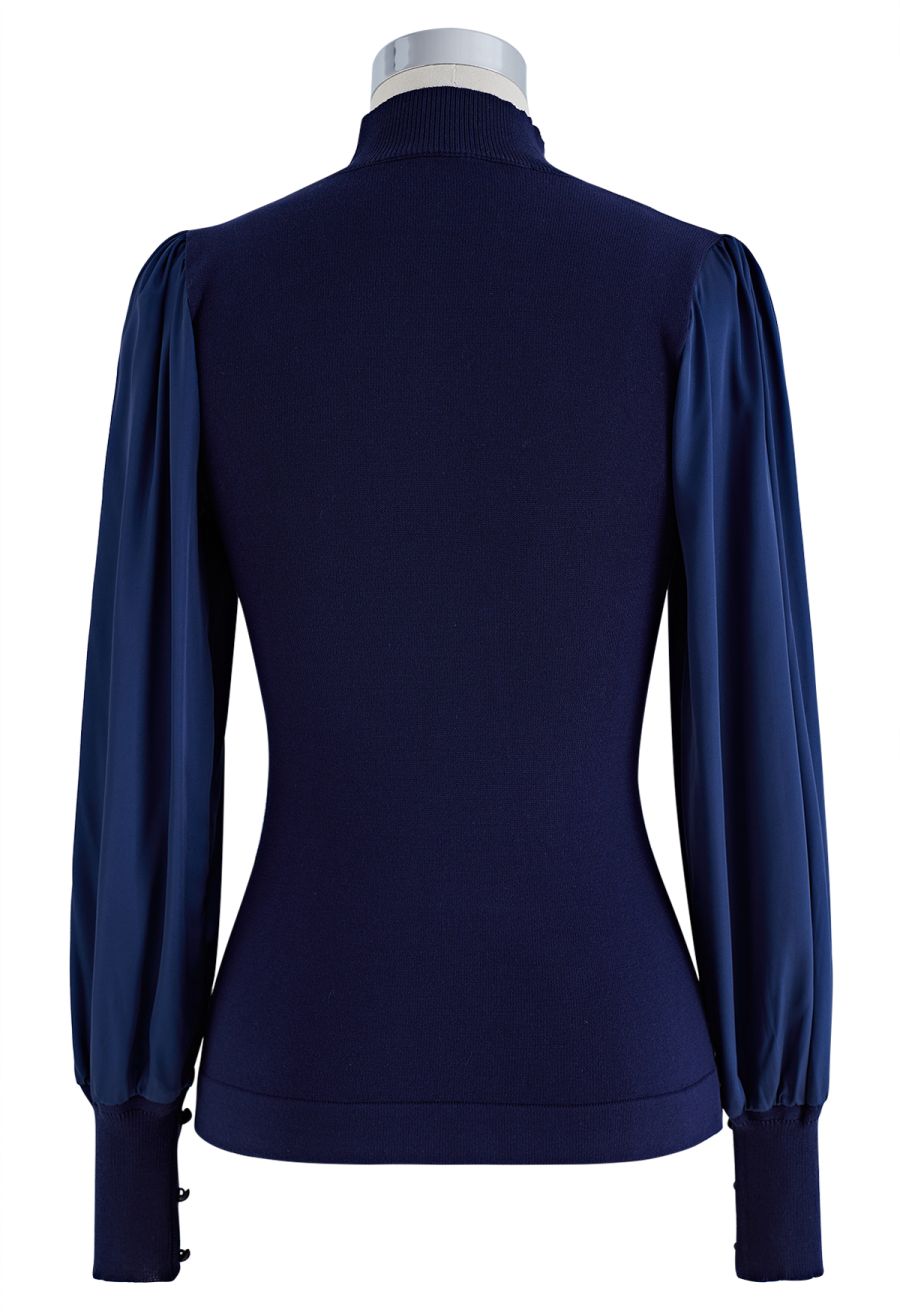 Mock Neck Satin Spliced Knit Top in Navy