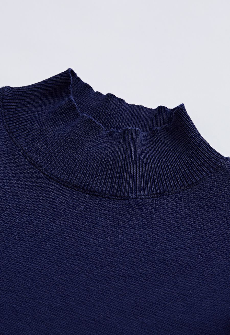 Mock Neck Satin Spliced Knit Top in Navy