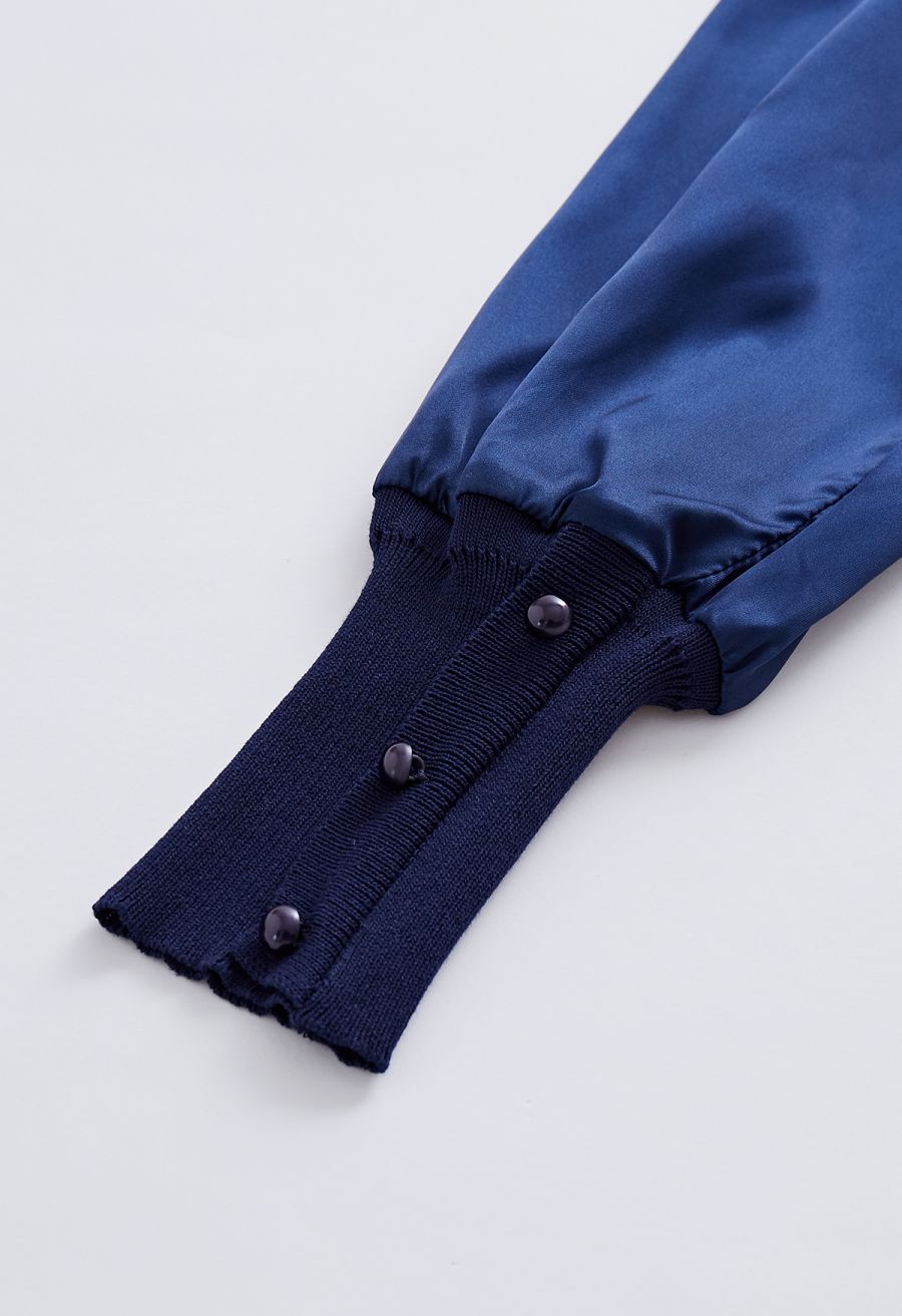 Mock Neck Satin Spliced Knit Top in Navy