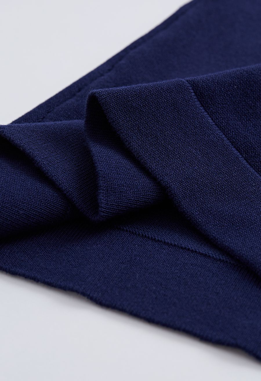 Mock Neck Satin Spliced Knit Top in Navy