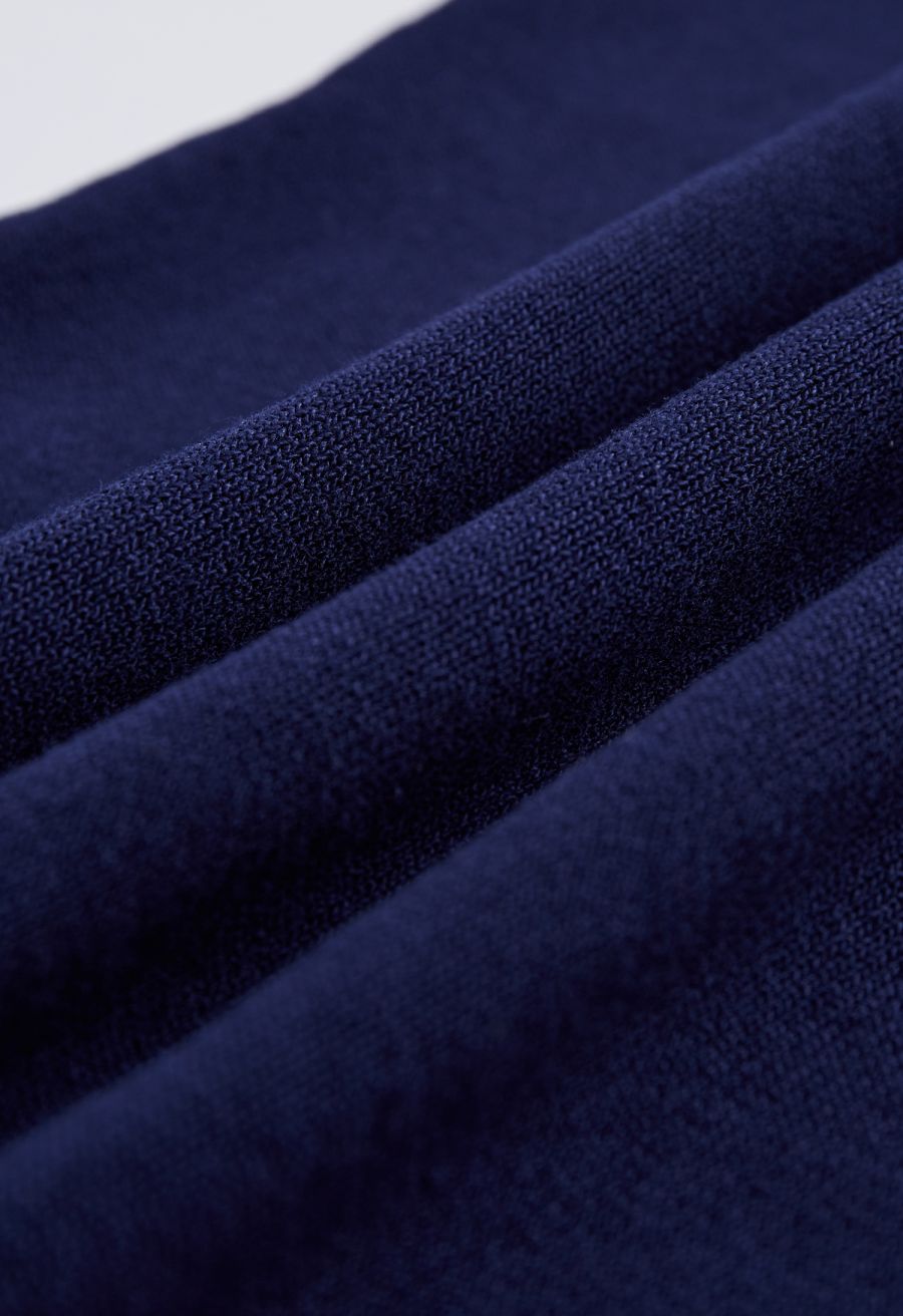Mock Neck Satin Spliced Knit Top in Navy