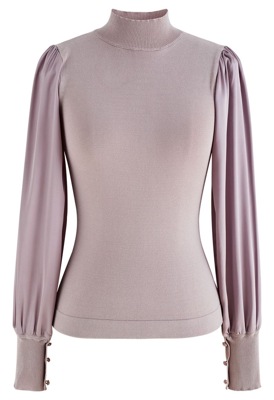 Mock Neck Satin Spliced Knit Top in Mauve