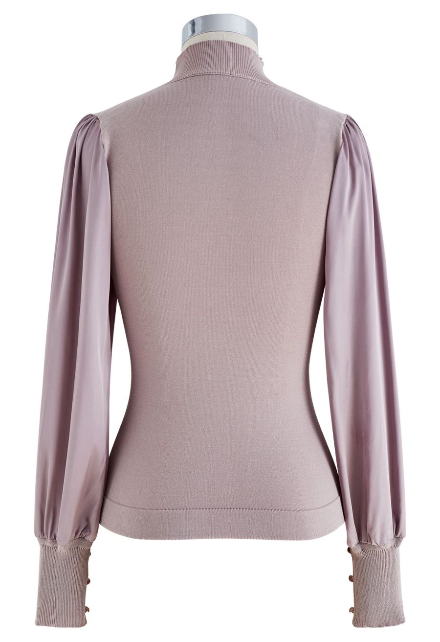 Mock Neck Satin Spliced Knit Top in Mauve