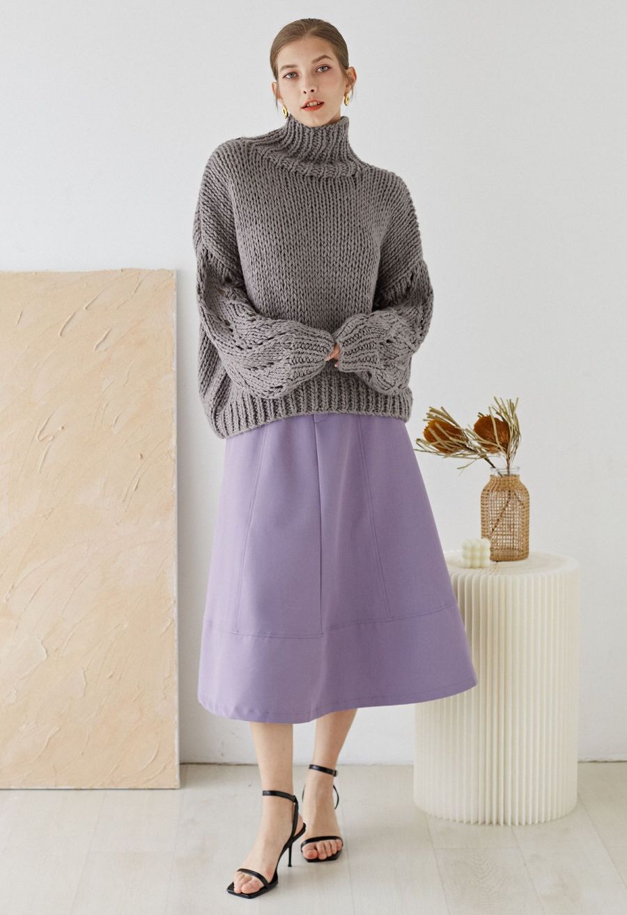 Pointelle Sleeve High Neck Hand-Knit Sweater in Dusty Purple