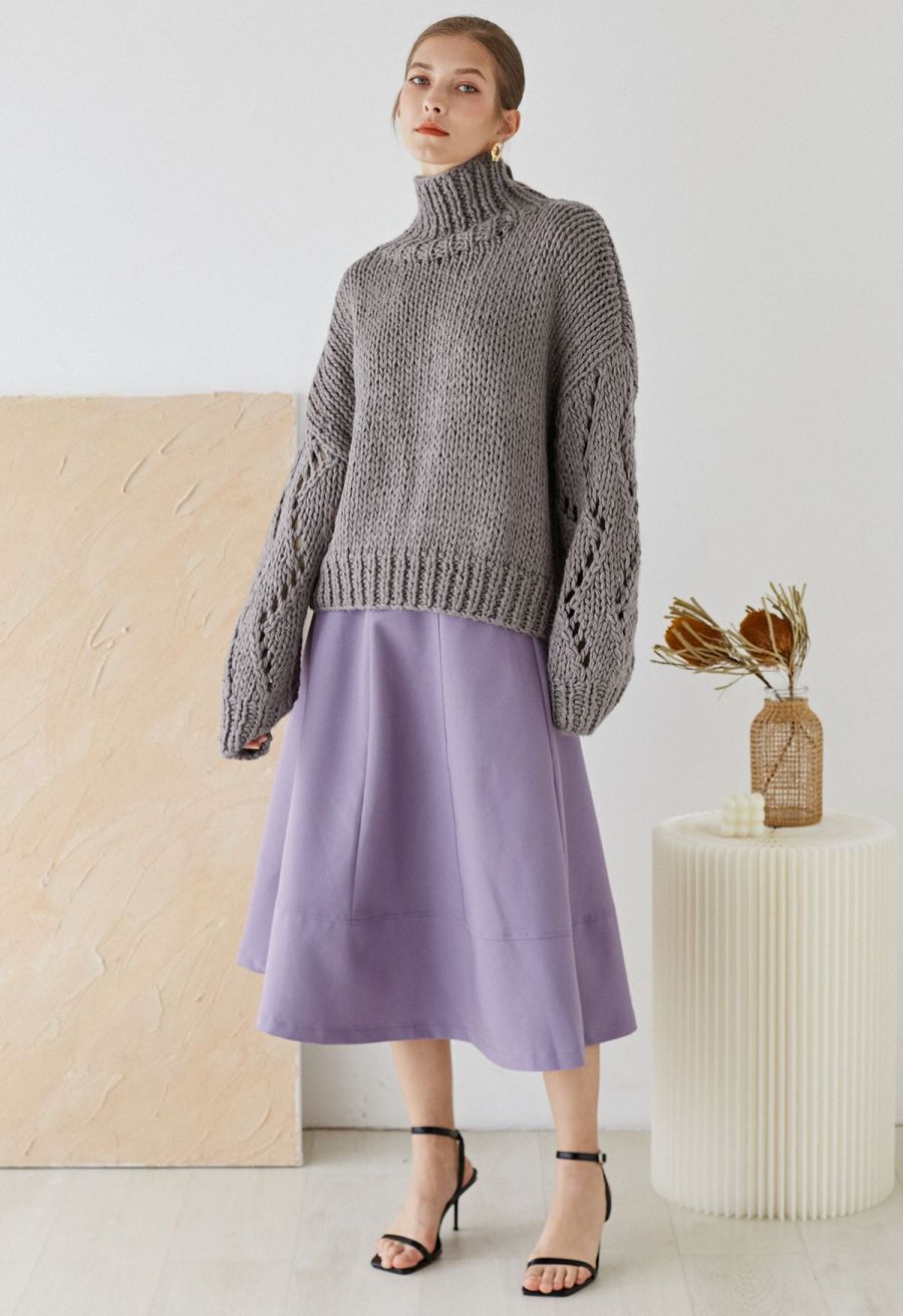 Pointelle Sleeve High Neck Hand-Knit Sweater in Dusty Purple