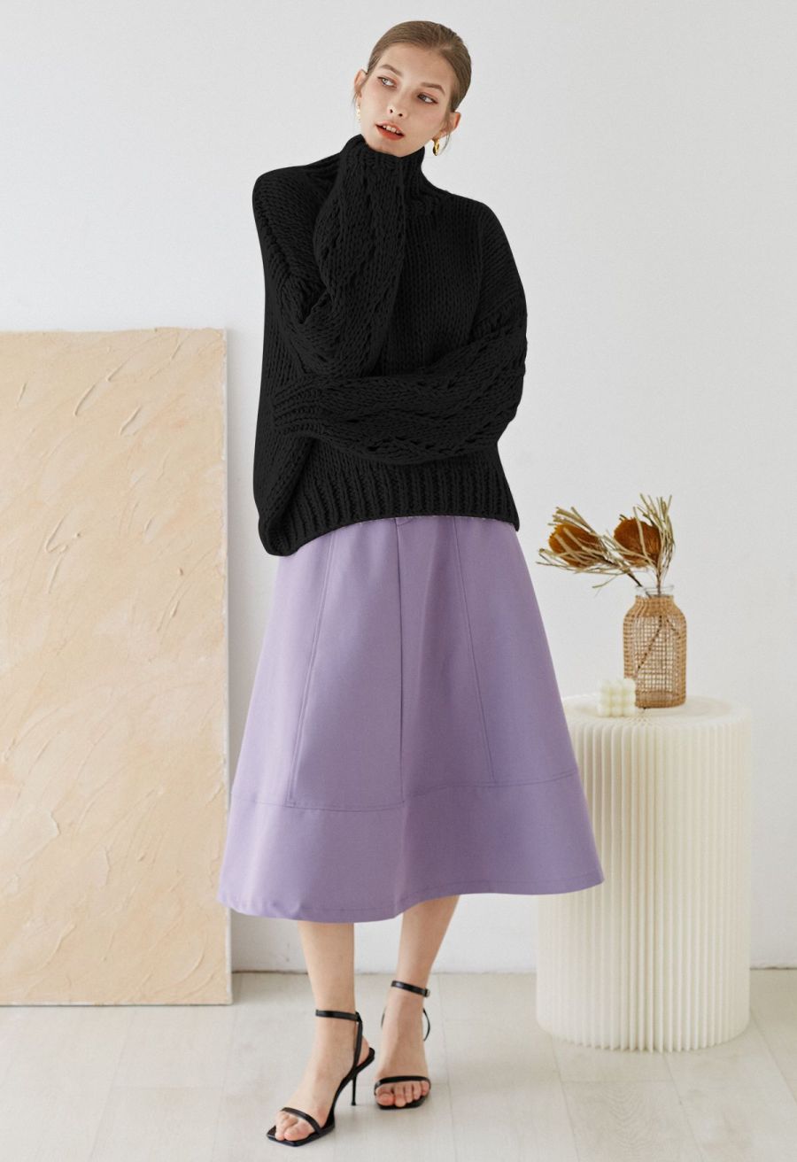 Pointelle Sleeve High Neck Hand-Knit Sweater in Black