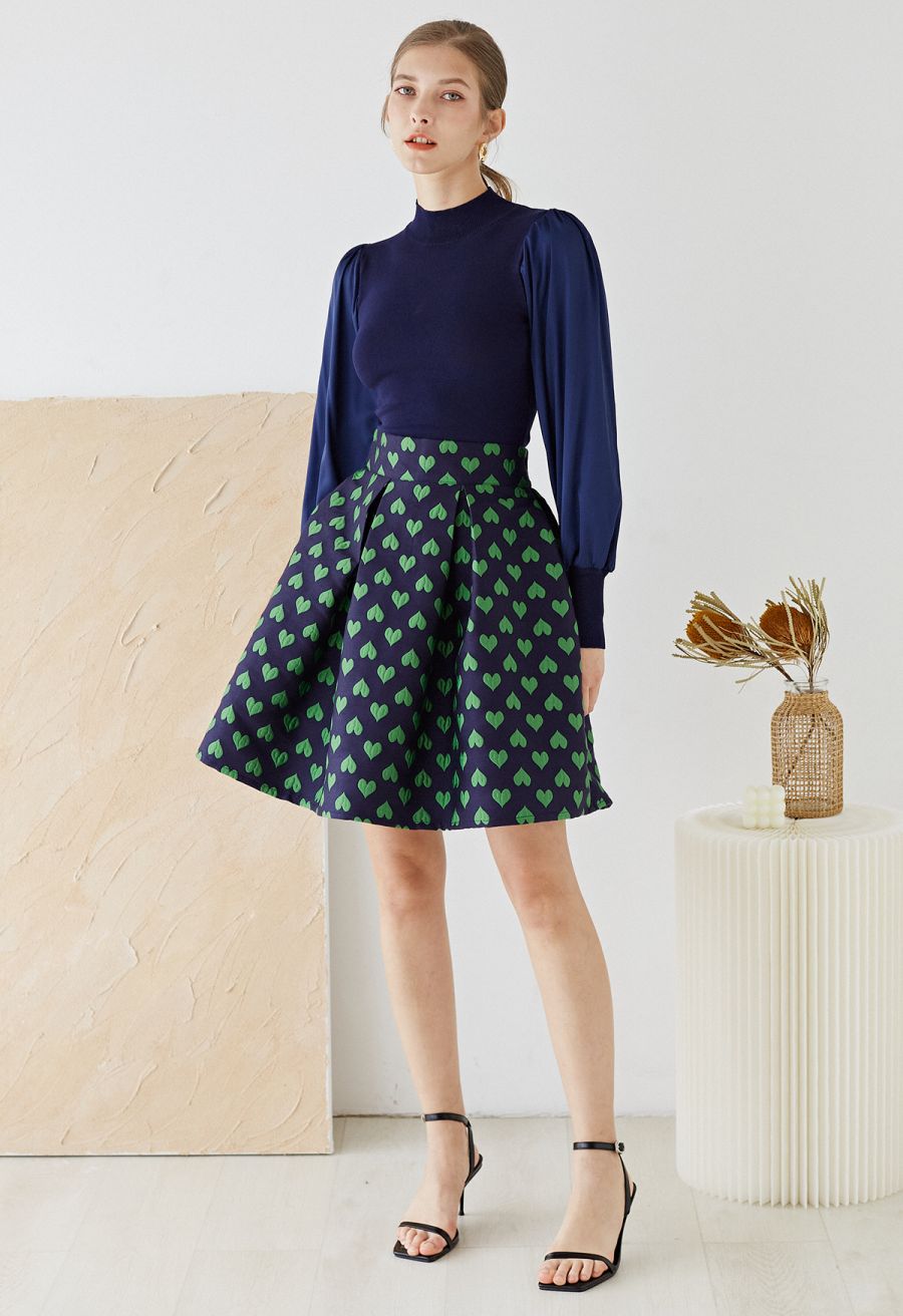 Mock Neck Satin Spliced Knit Top in Navy