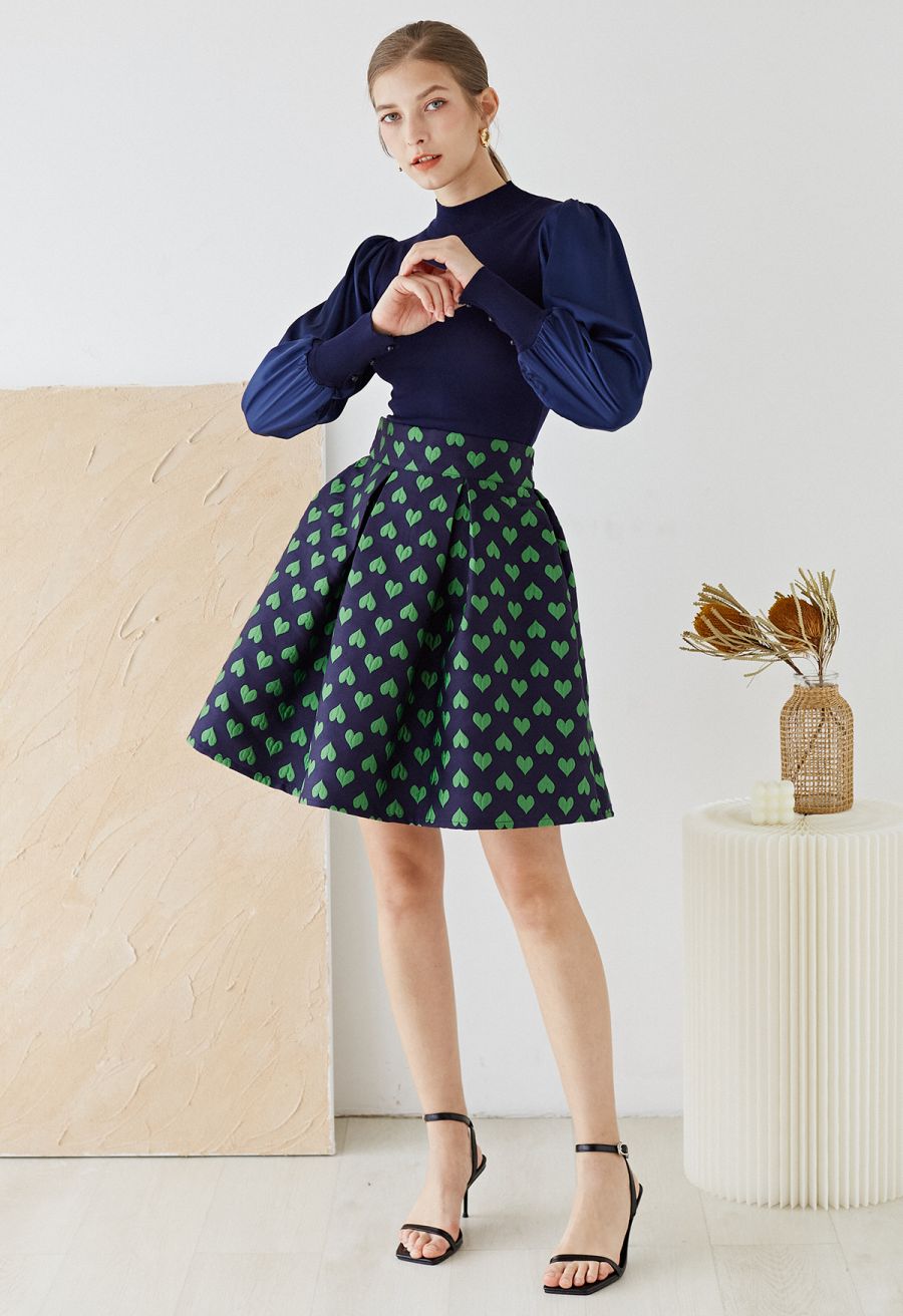 Mock Neck Satin Spliced Knit Top in Navy