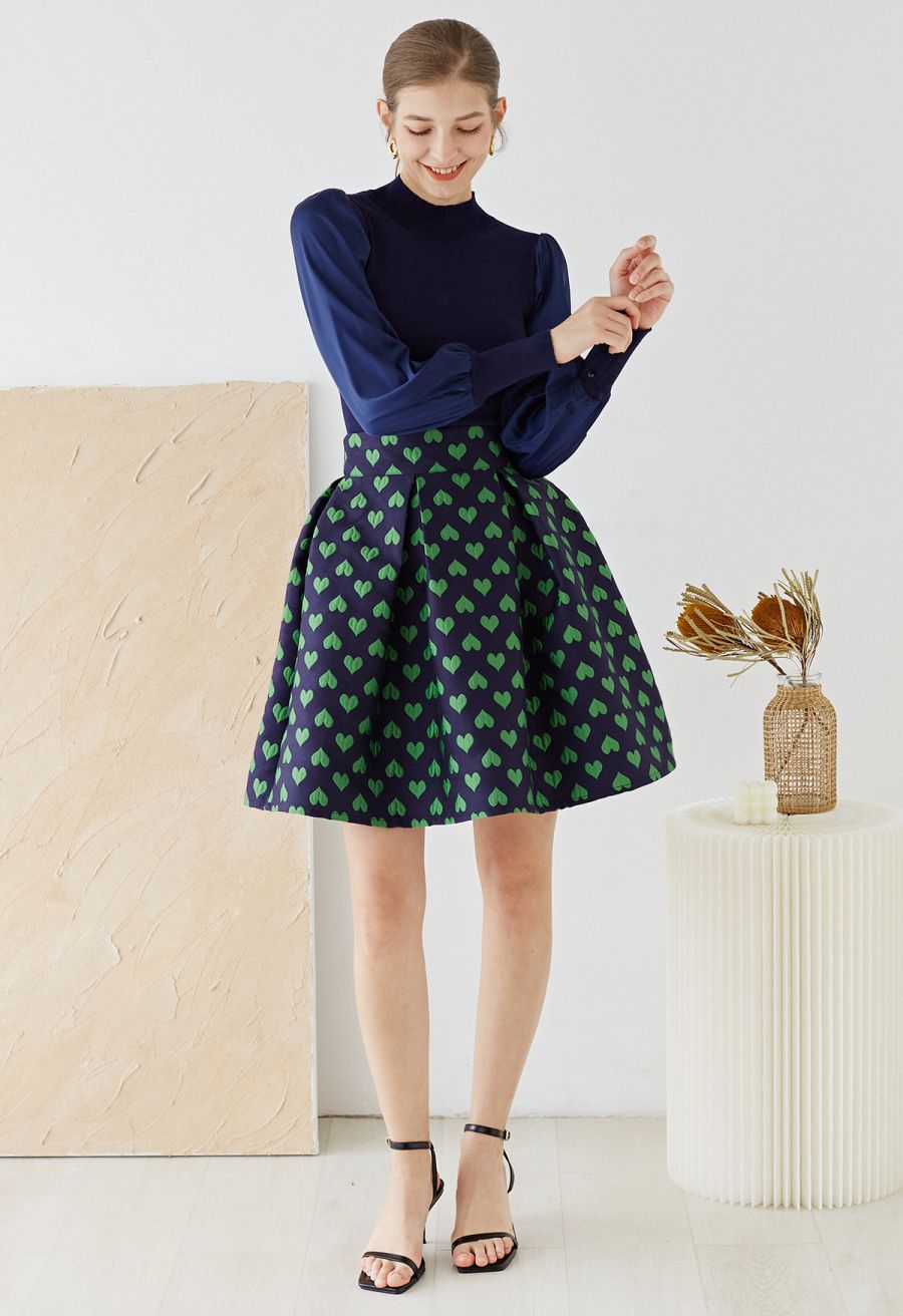 Mock Neck Satin Spliced Knit Top in Navy