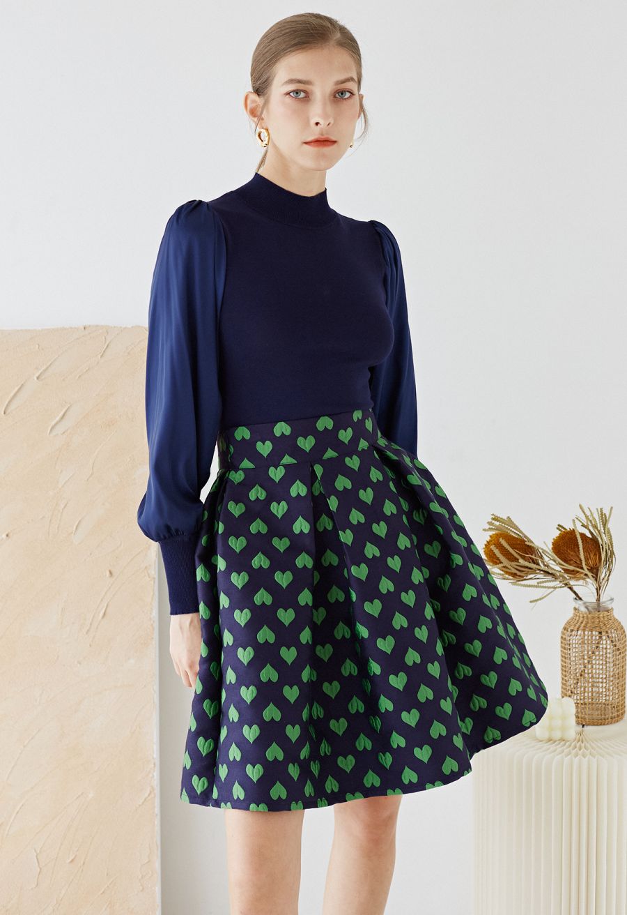 Mock Neck Satin Spliced Knit Top in Navy